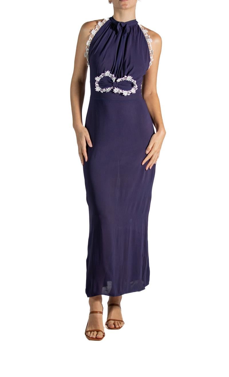 Women's 1930S Navy Blue & White Floral Applique Dress For Sale
