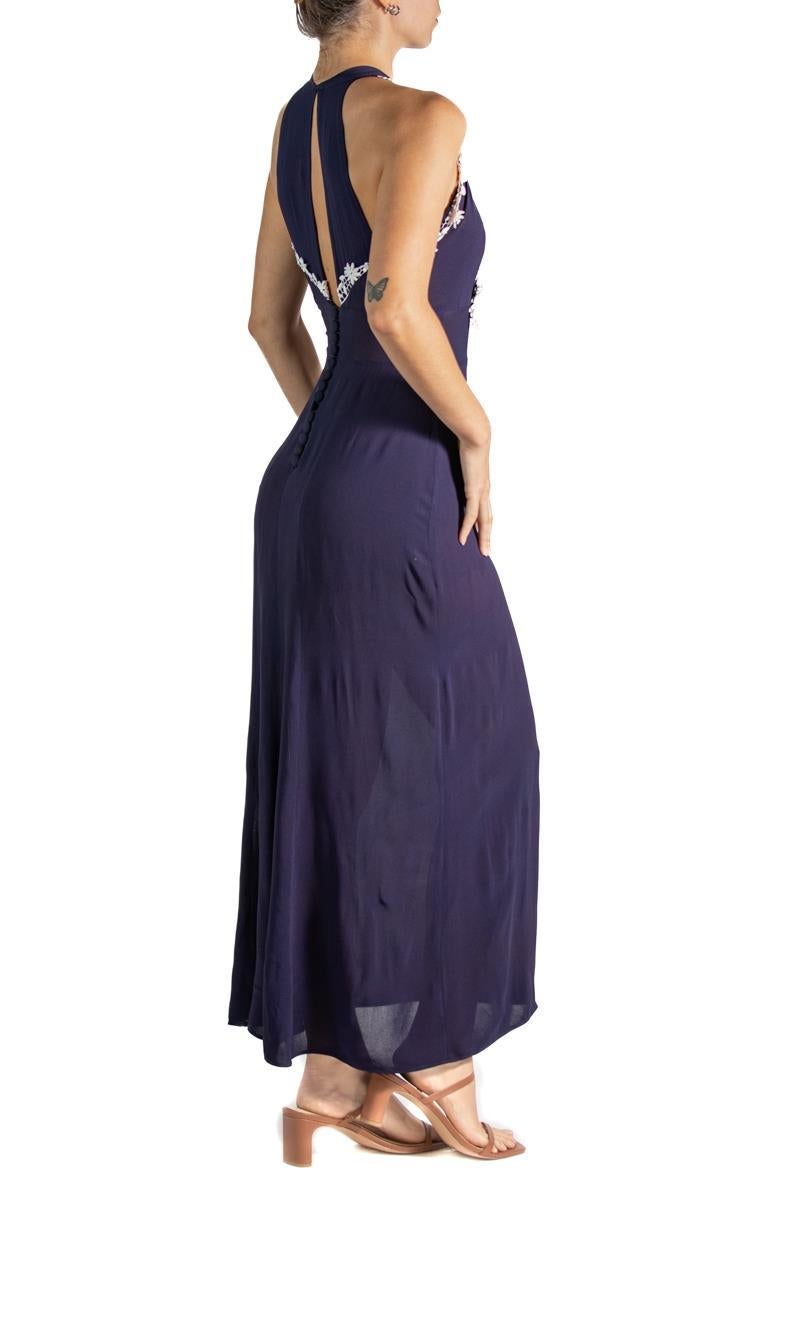 1930S Navy Blue & White Floral Applique Dress For Sale 1
