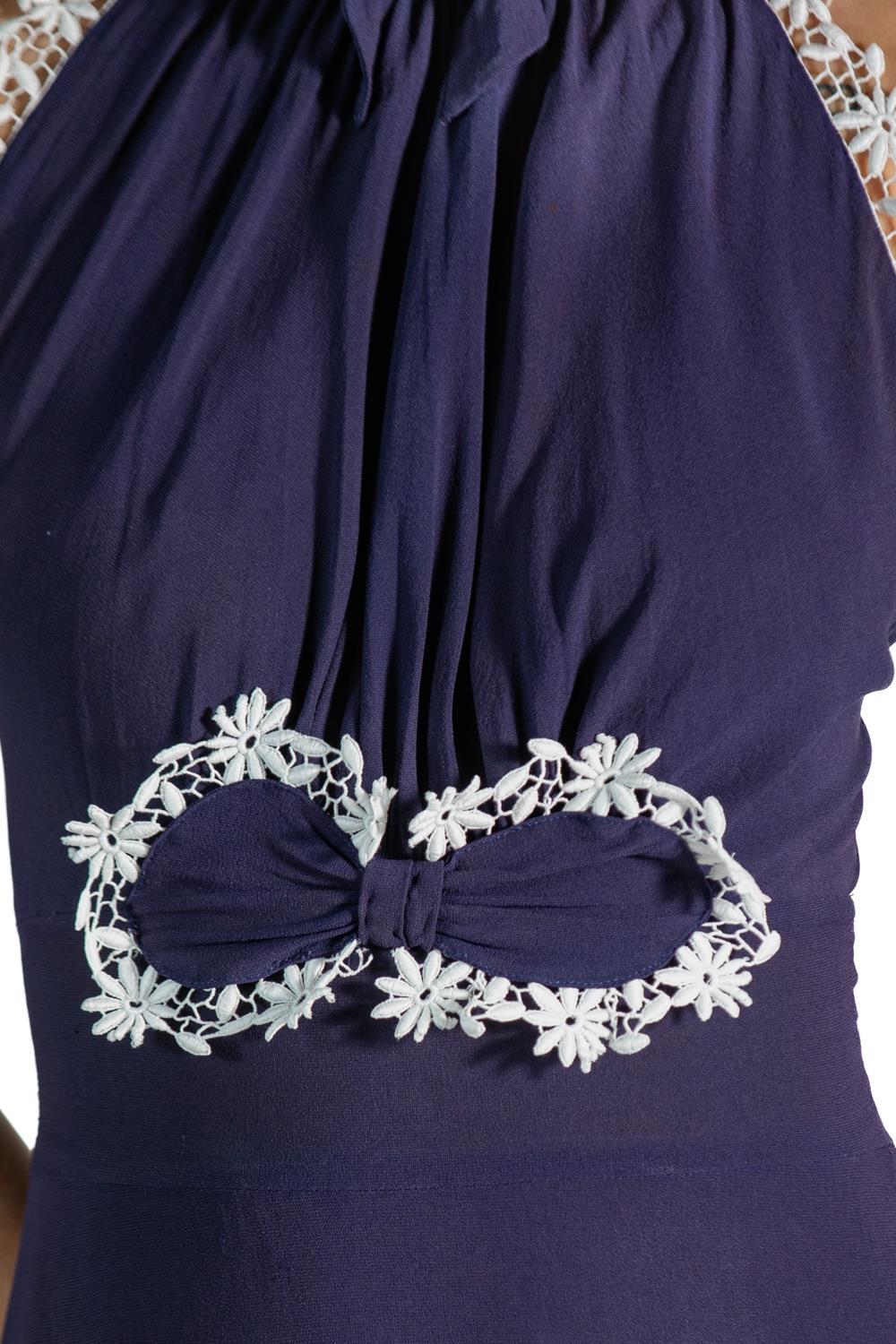 1930S Navy Blue & White Floral Applique Dress For Sale 4