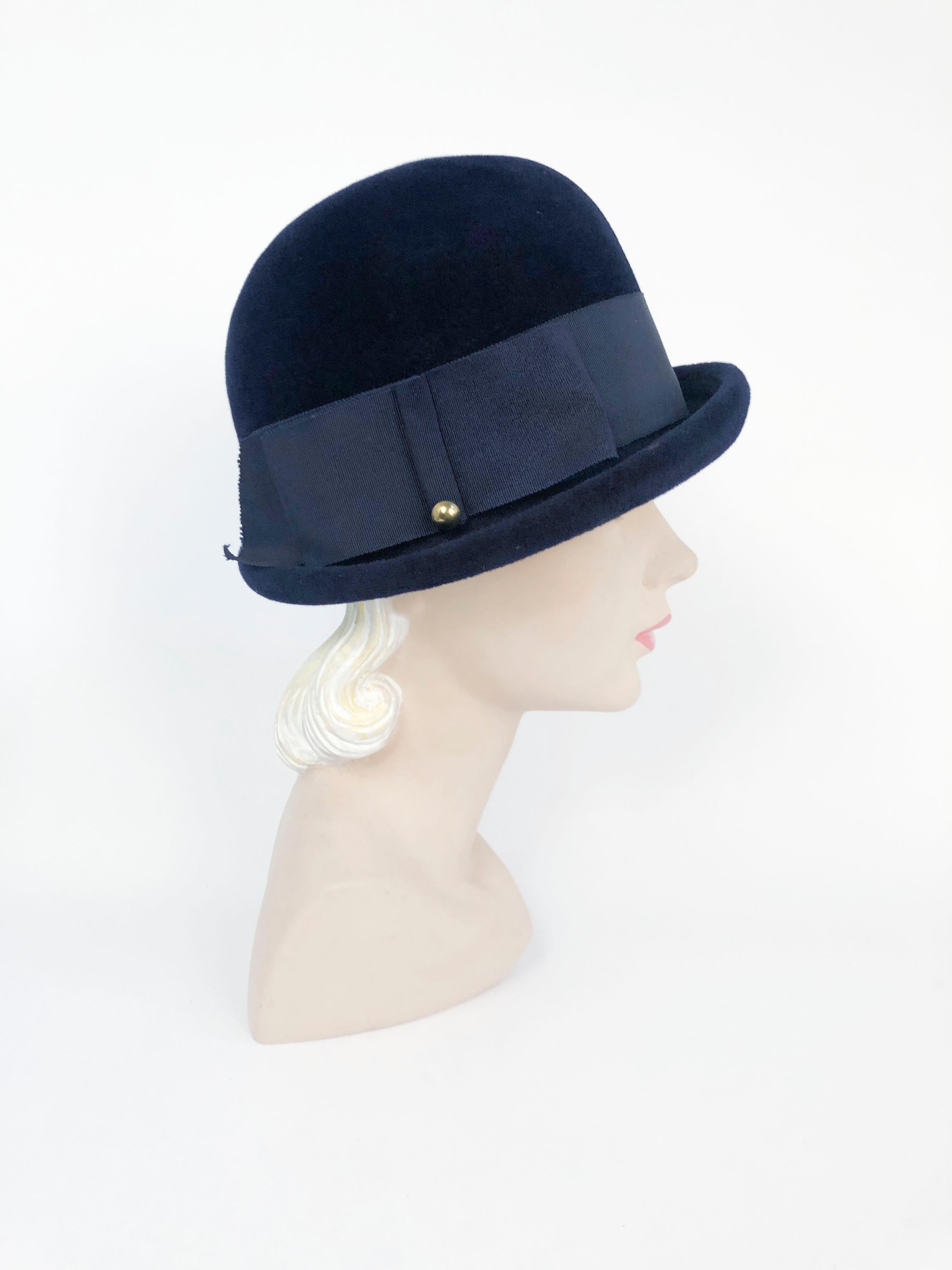 Gray 1960s Navy Fur Felt Cloche with Wide Band and Bow