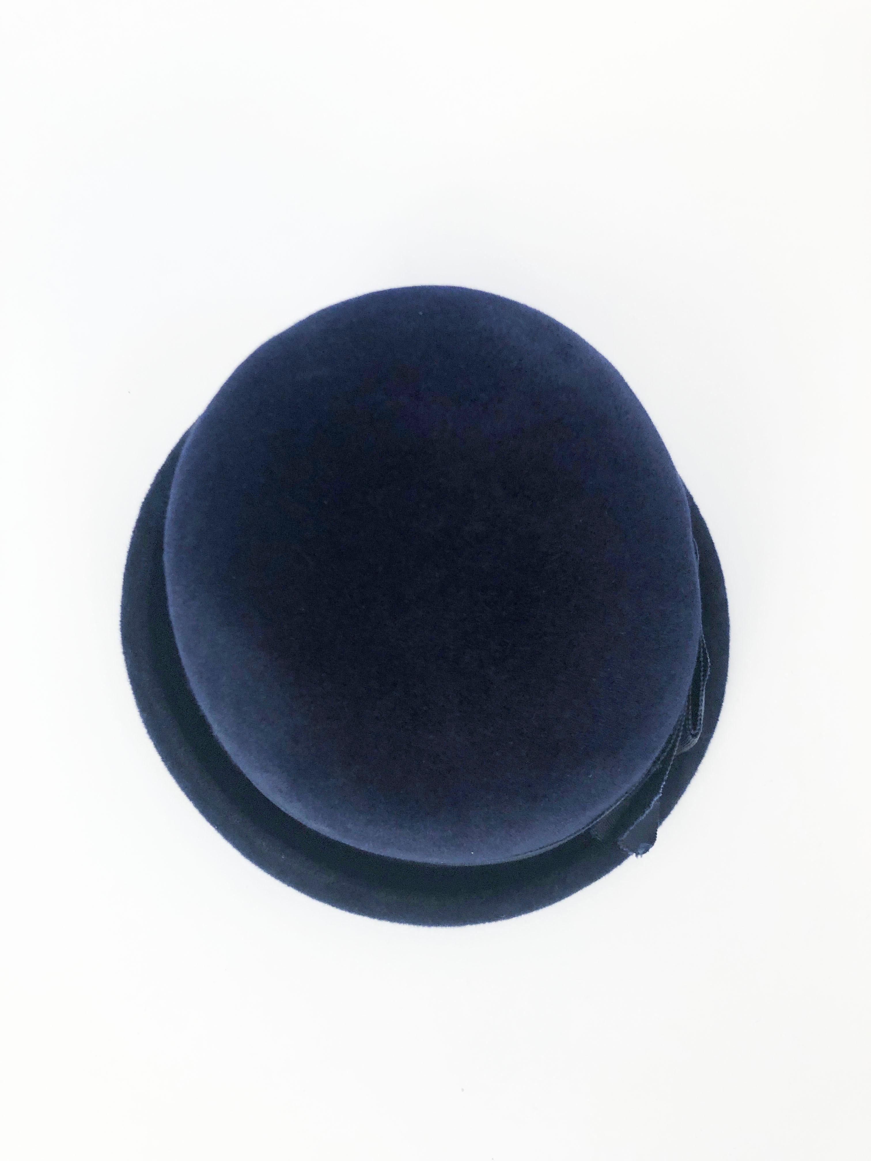 1960s Navy Fur Felt Cloche with Wide Band and Bow 1
