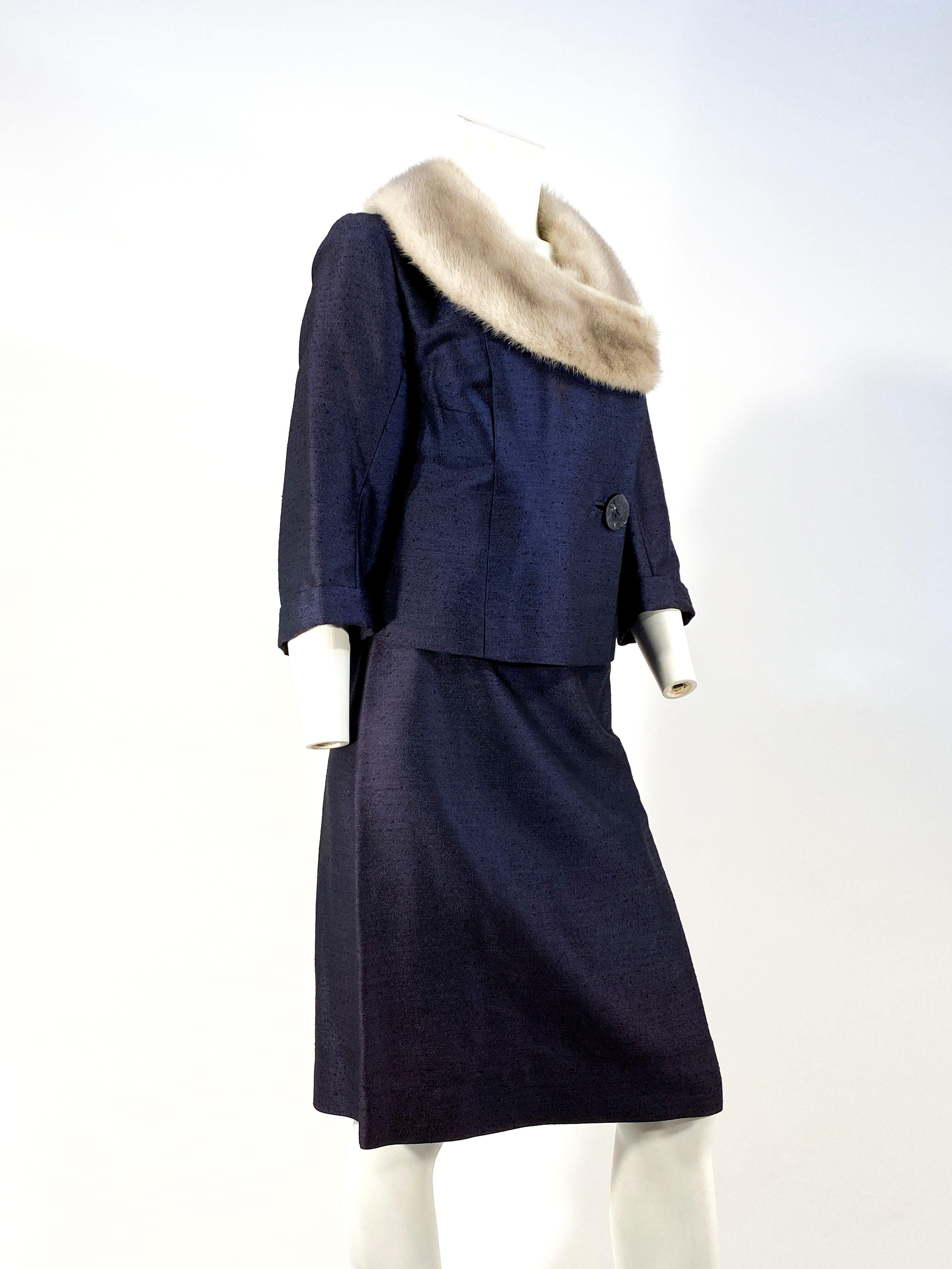 1960s Navy Suit with Silver Mink Collar In Good Condition In San Francisco, CA