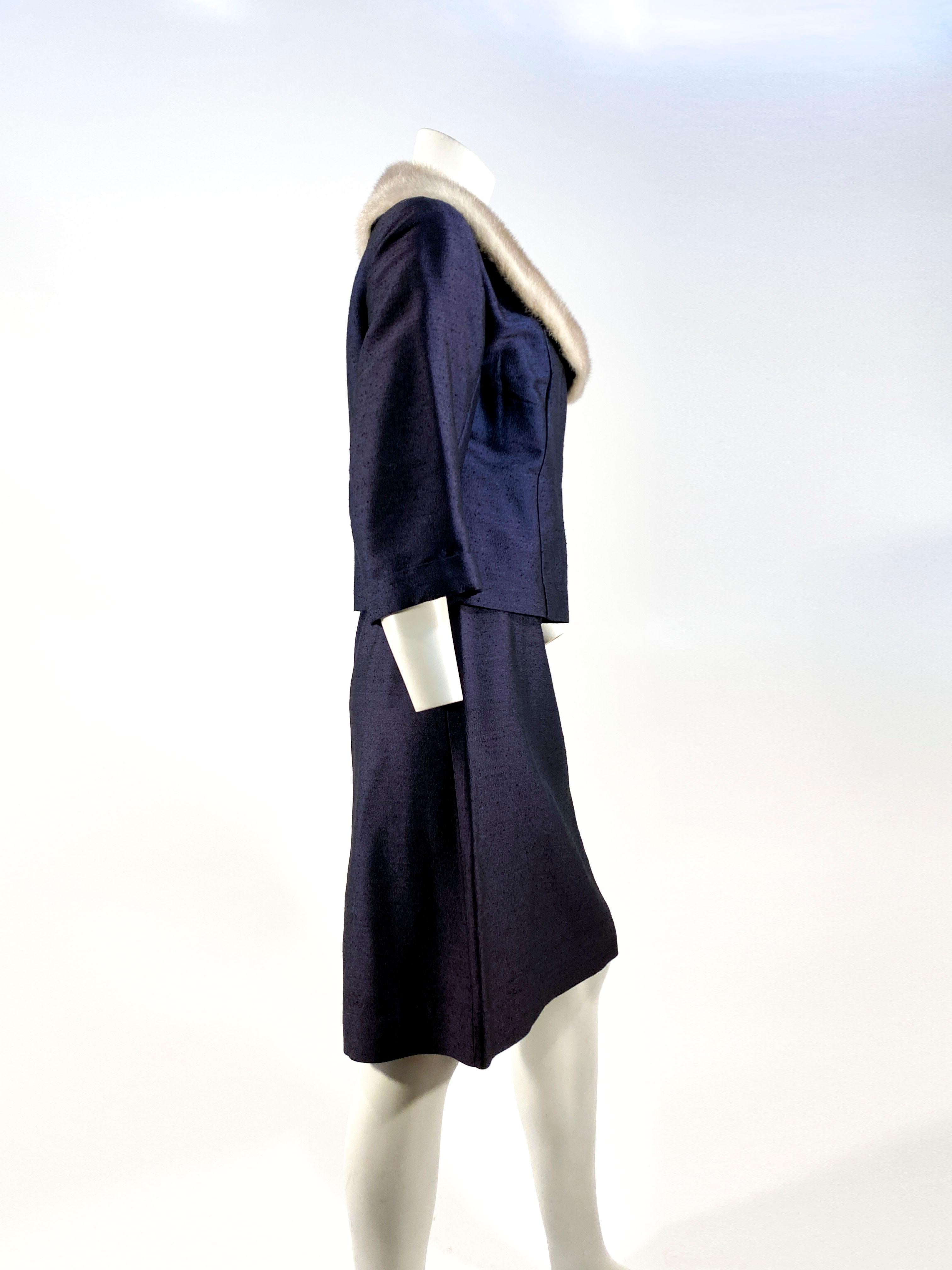 Women's 1960s Navy Suit with Silver Mink Collar