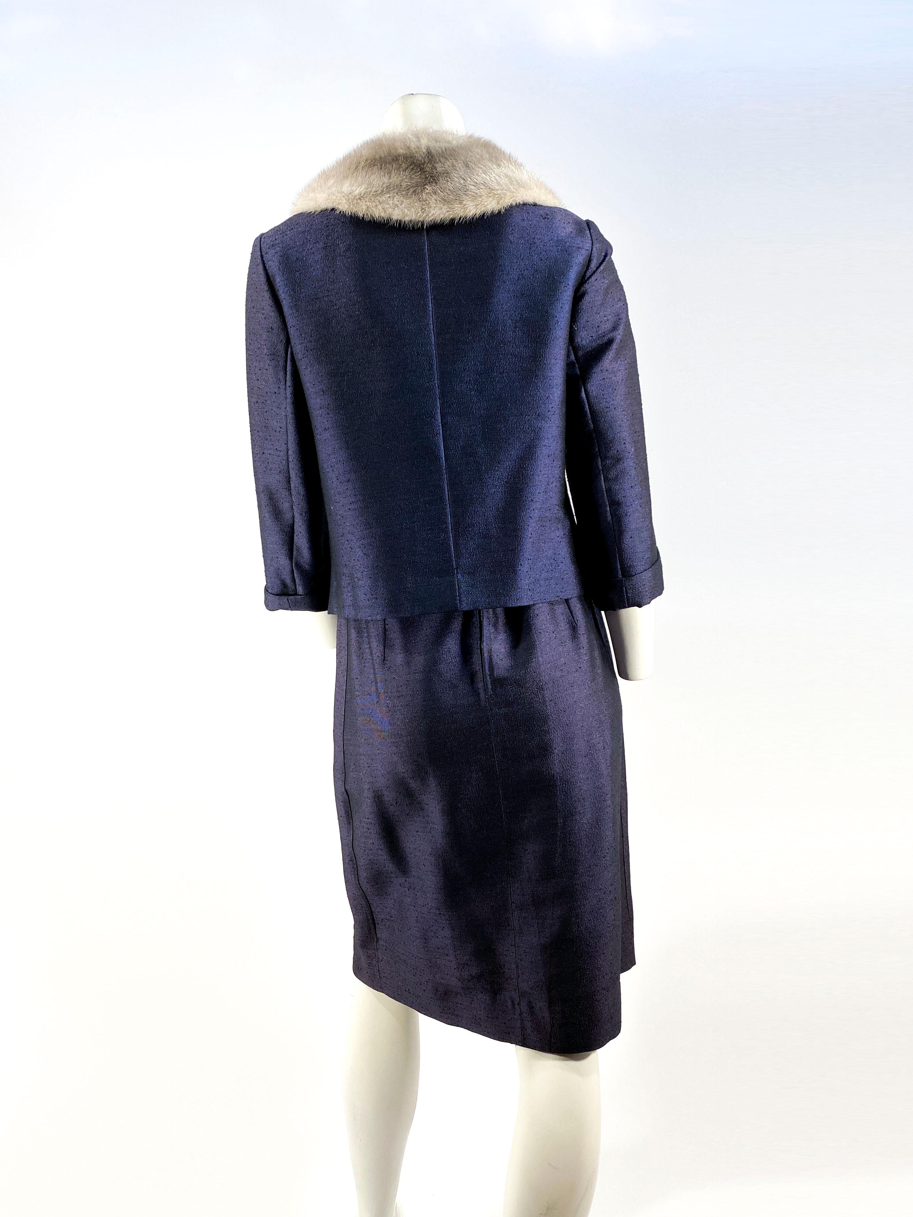 1960s Navy Suit with Silver Mink Collar 1