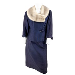 Vintage 1960s Navy Suit with Silver Mink Collar