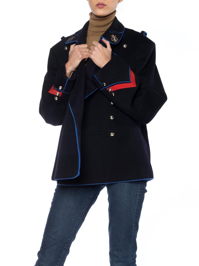 1960S Navy Wool Men's Double Breasted Military Jacket With Silver