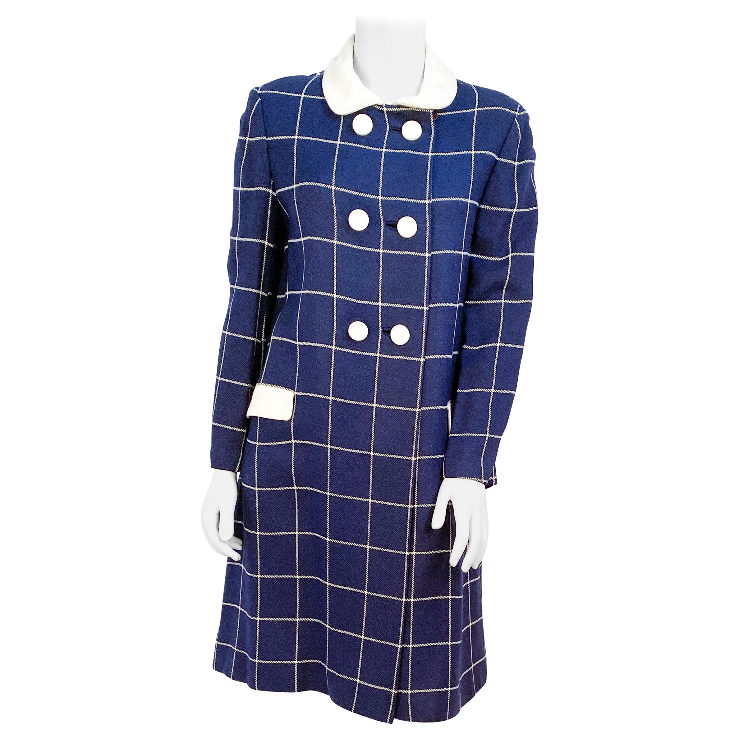 1960s Navy Wool Plaid Coat For Sale