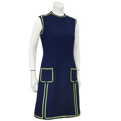 1960s Navy Wool Shift Dress with Lime Green Piping