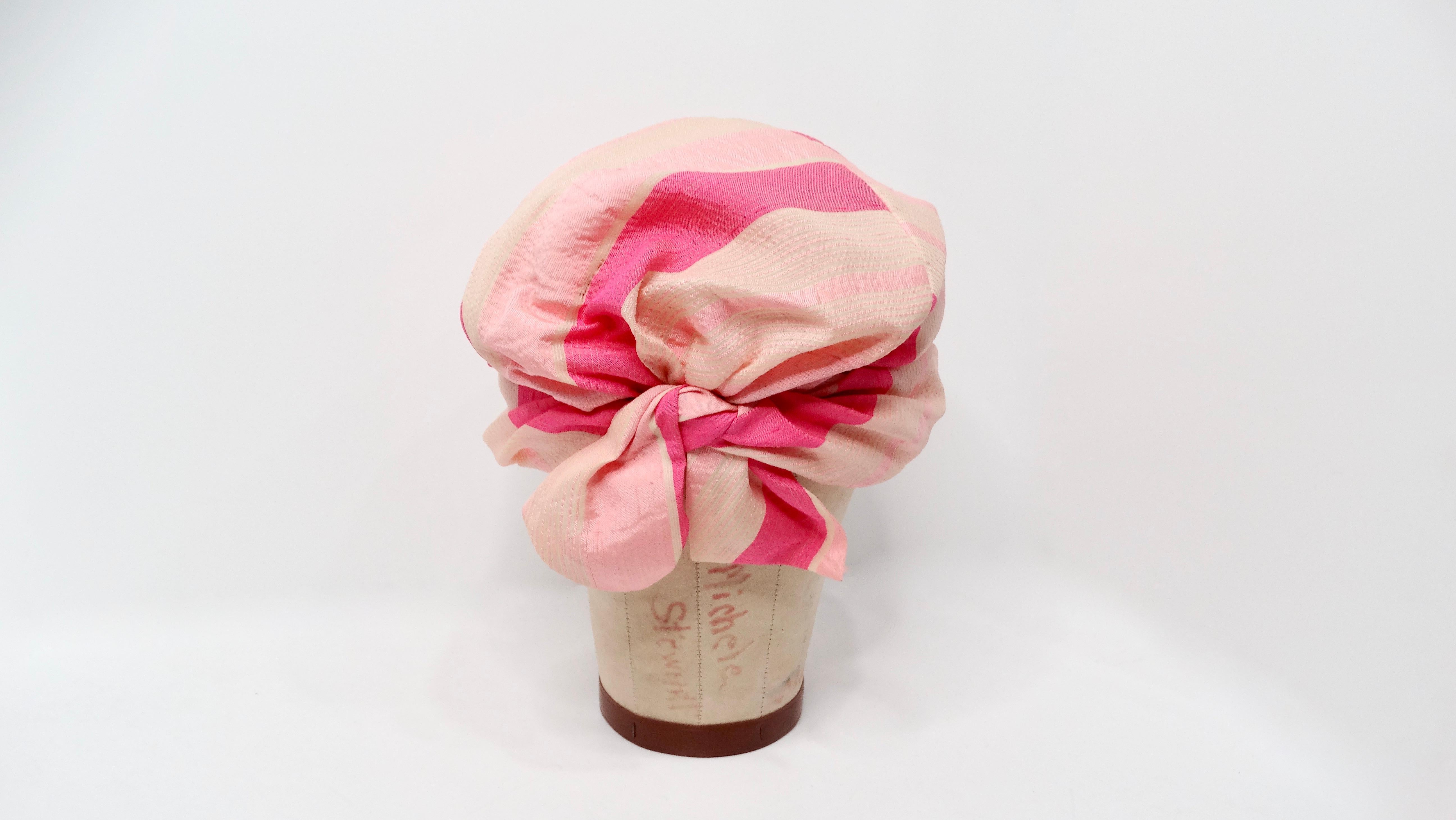 De las mujeres Turbante de seda con estampado de rayas rosas Custom Neiman Marcus de los años 60