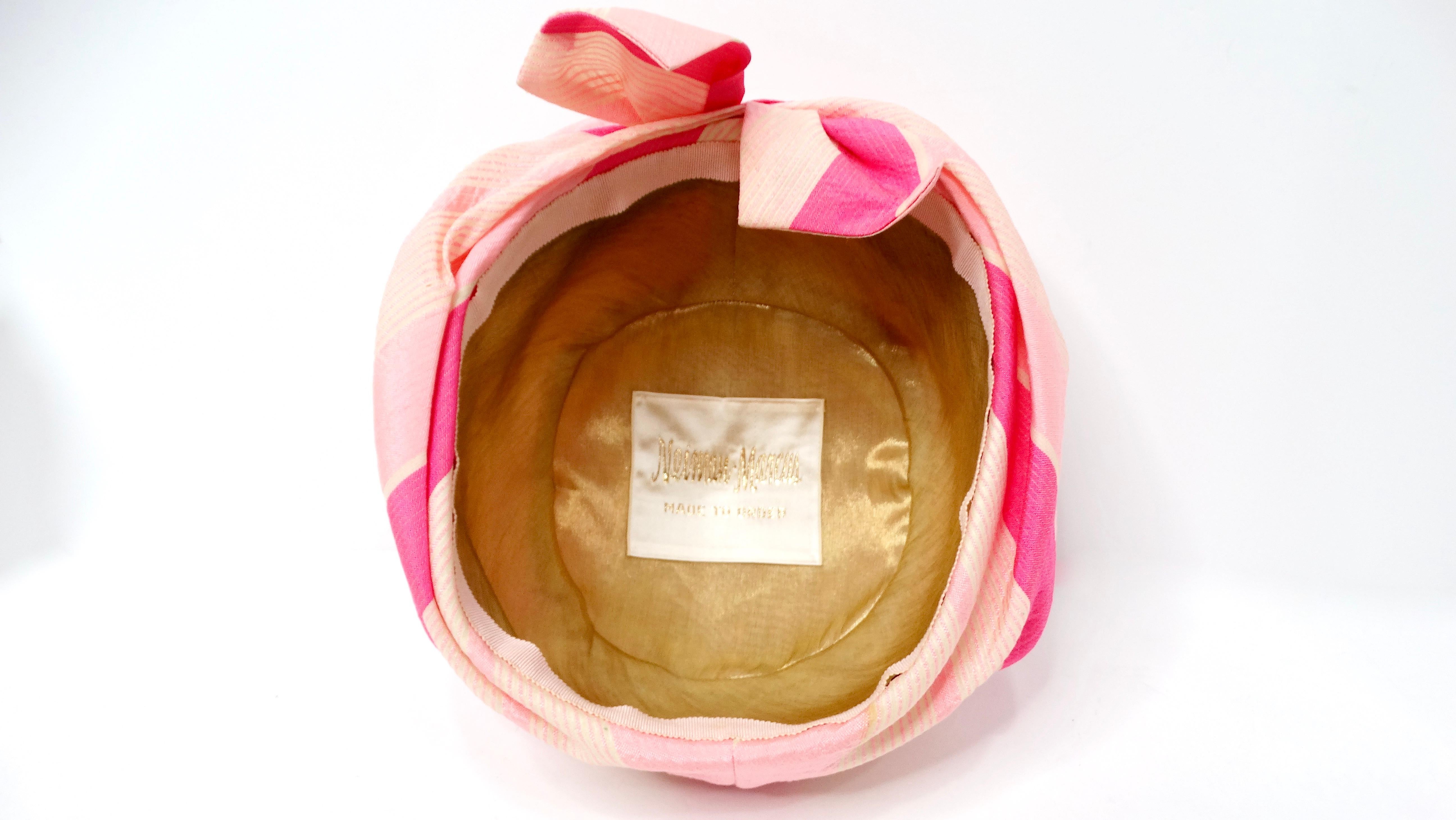 Turbante de seda con estampado de rayas rosas Custom Neiman Marcus de los años 60 3