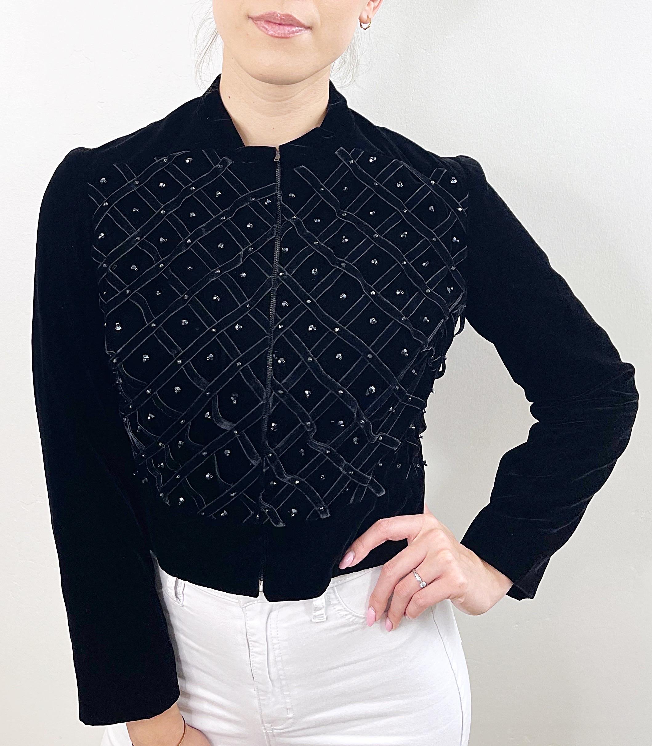 1960s Neiman Marcus Silver Key Black Velvet Lattice Beaded Vintage 60s Jacket In Excellent Condition For Sale In San Diego, CA