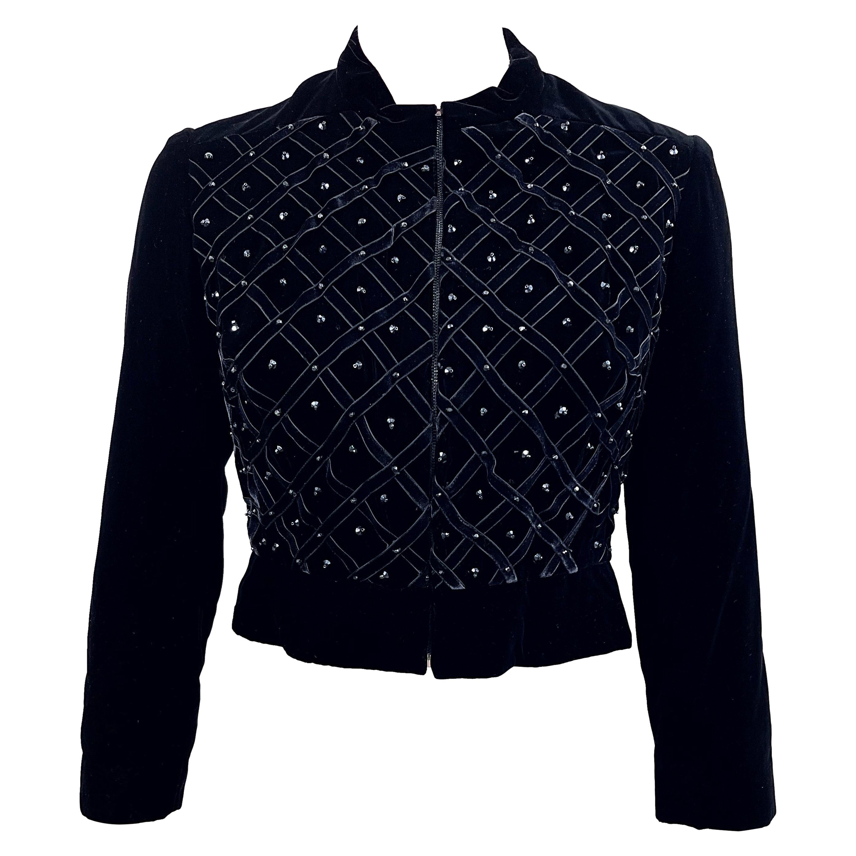 Chaqueta años 60 Neiman Marcus Silver Key Black Velvet Lattice Beaded Vintage 60s en venta