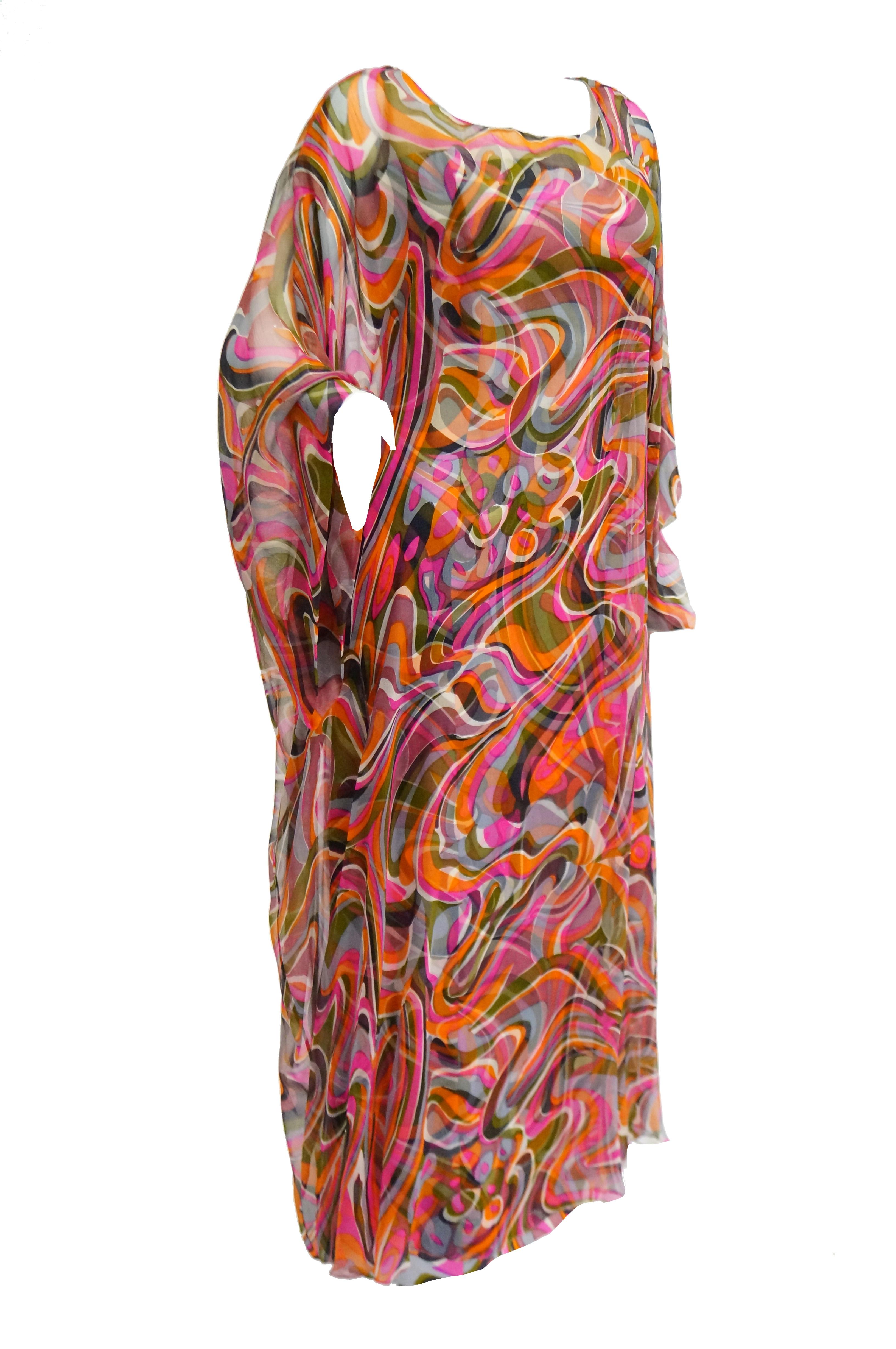 1960s Neiman Marcus Vibrant Pink Swirl Dress with Sheer Kimono Detail  In Excellent Condition In Houston, TX