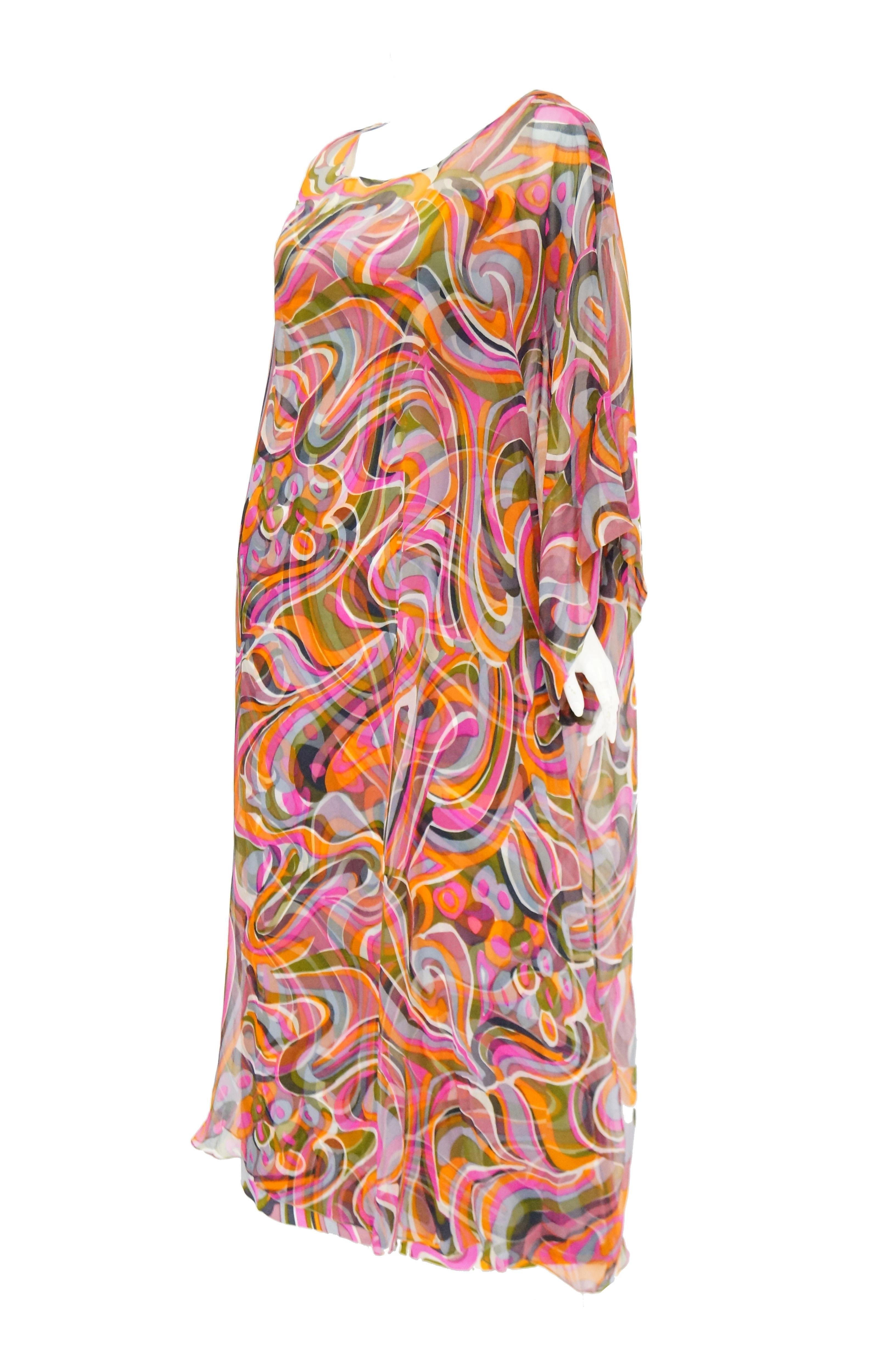 Women's 1960s Neiman Marcus Vibrant Pink Swirl Dress with Sheer Kimono Detail 