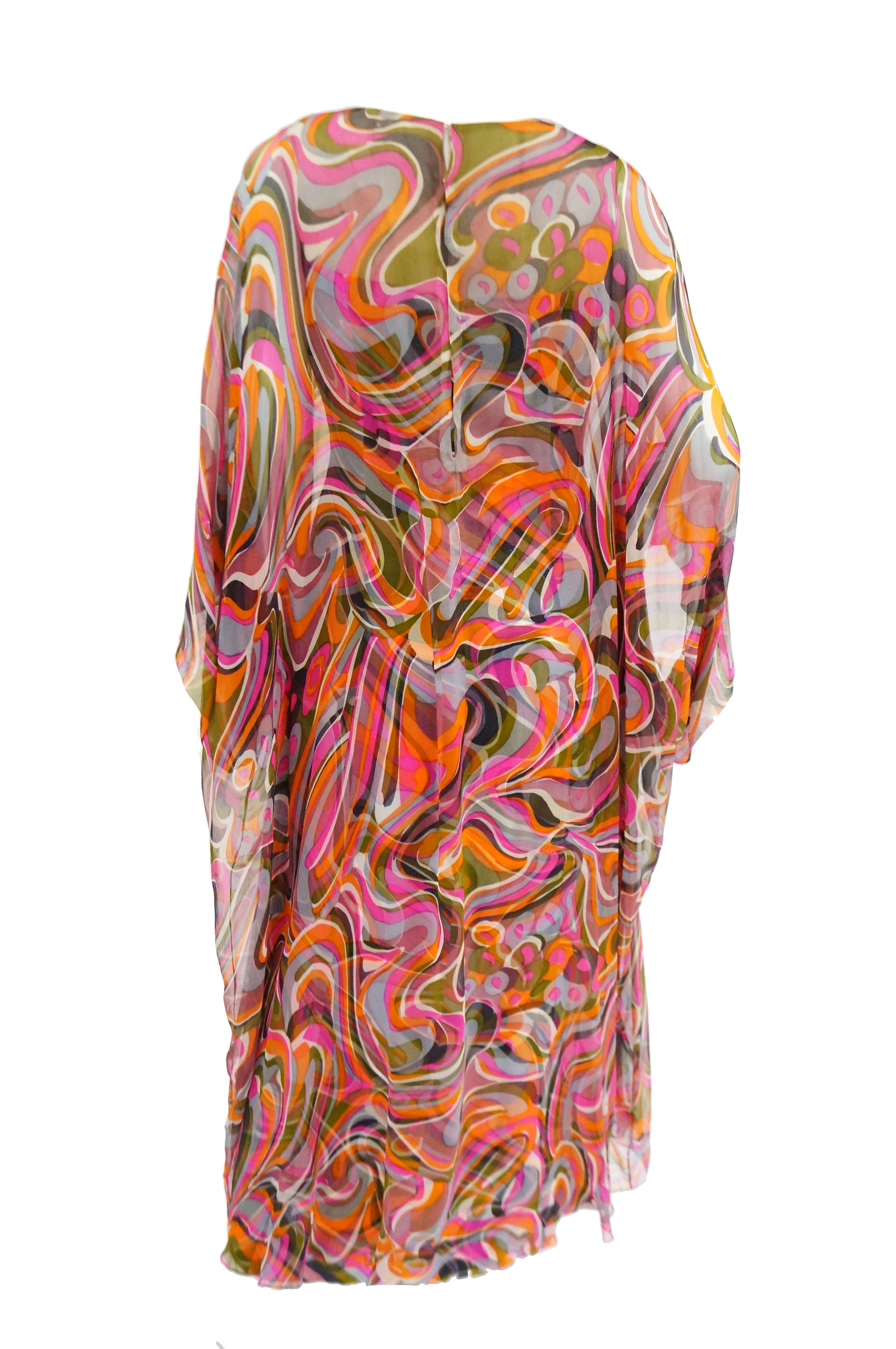 1960s Neiman Marcus Vibrant Pink Swirl Dress with Sheer Kimono Detail  1