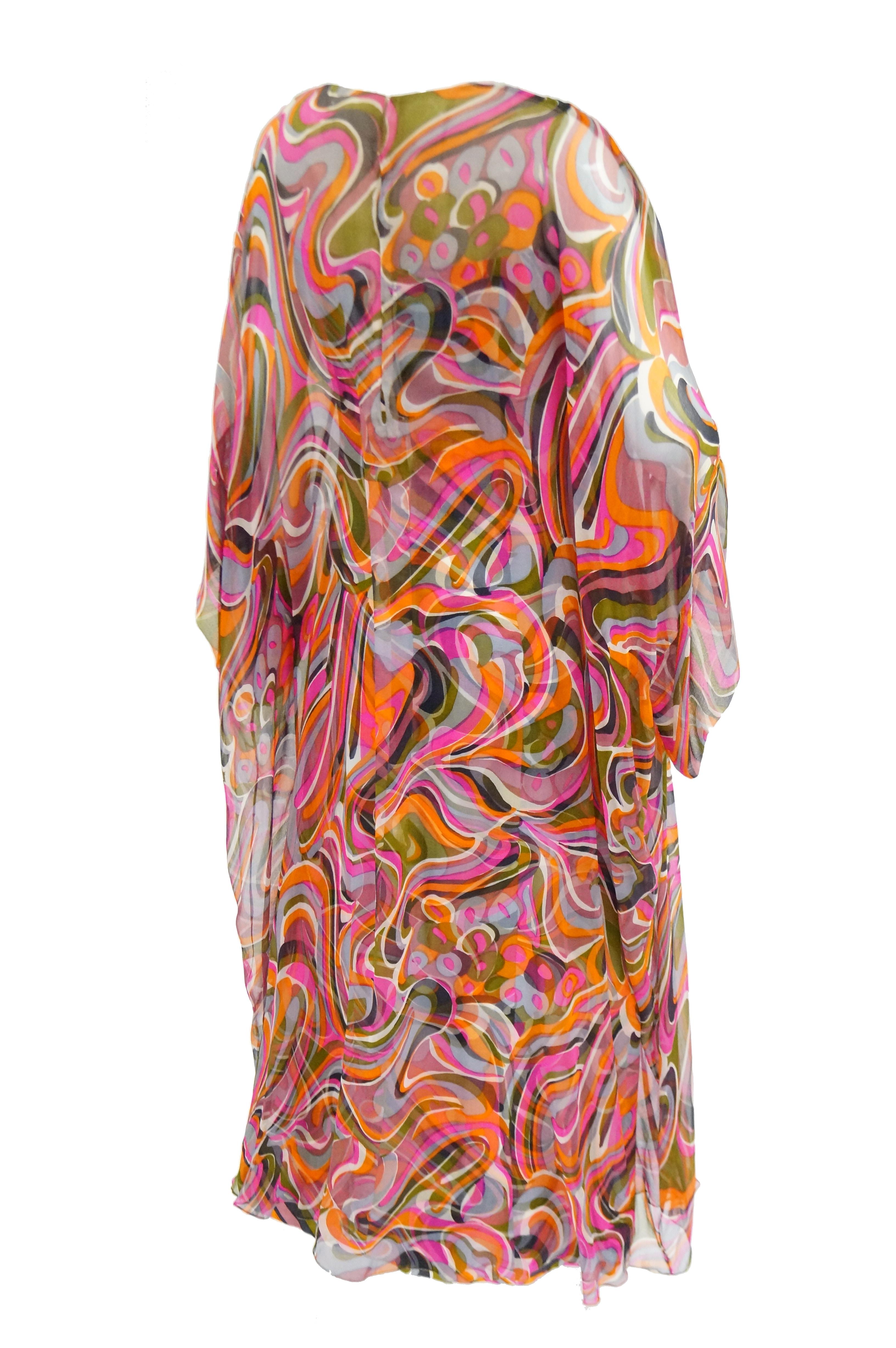 1960s Neiman Marcus Vibrant Pink Swirl Dress with Sheer Kimono Detail  2