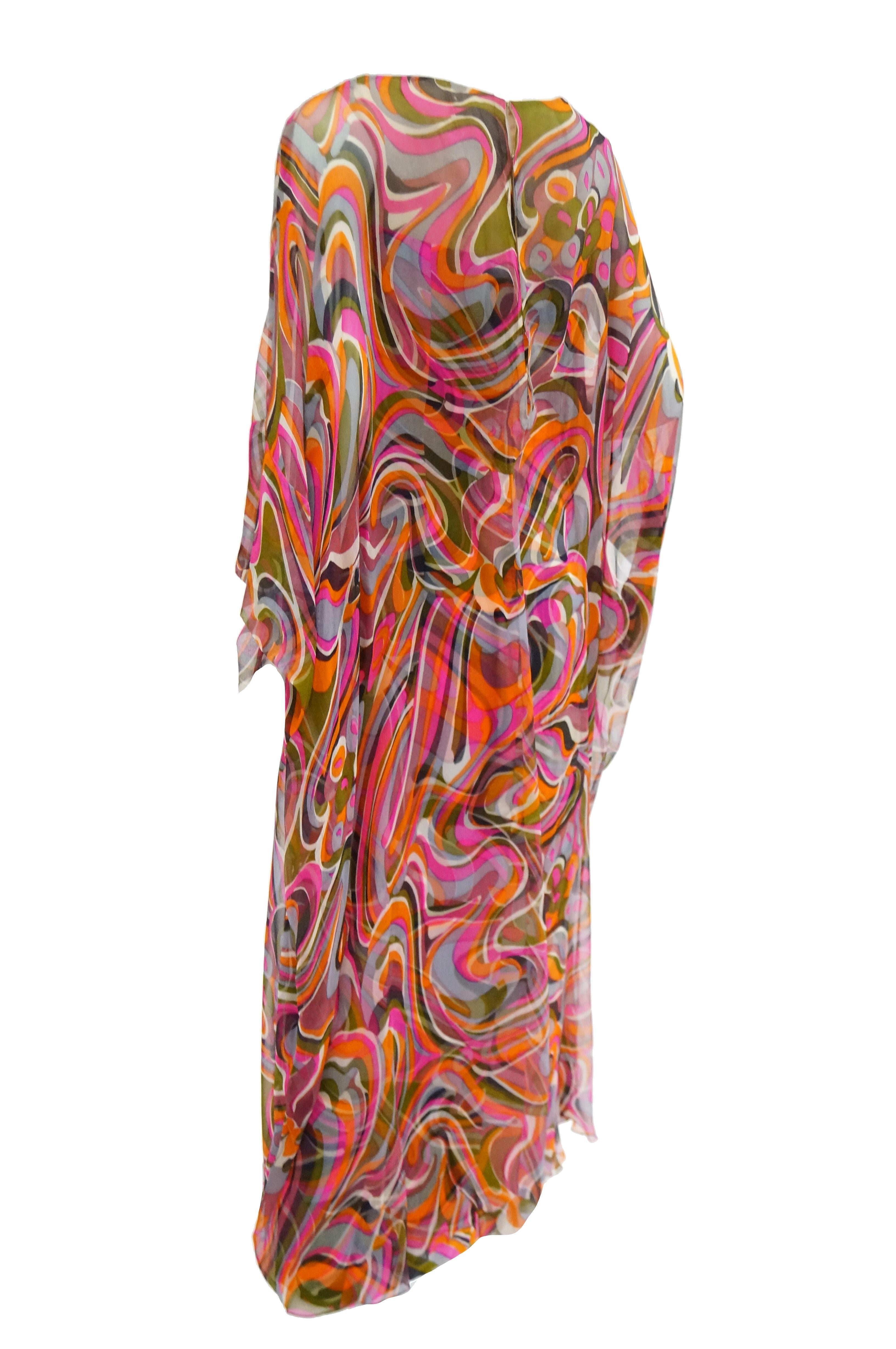 1960s Neiman Marcus Vibrant Pink Swirl Dress with Sheer Kimono Detail  3