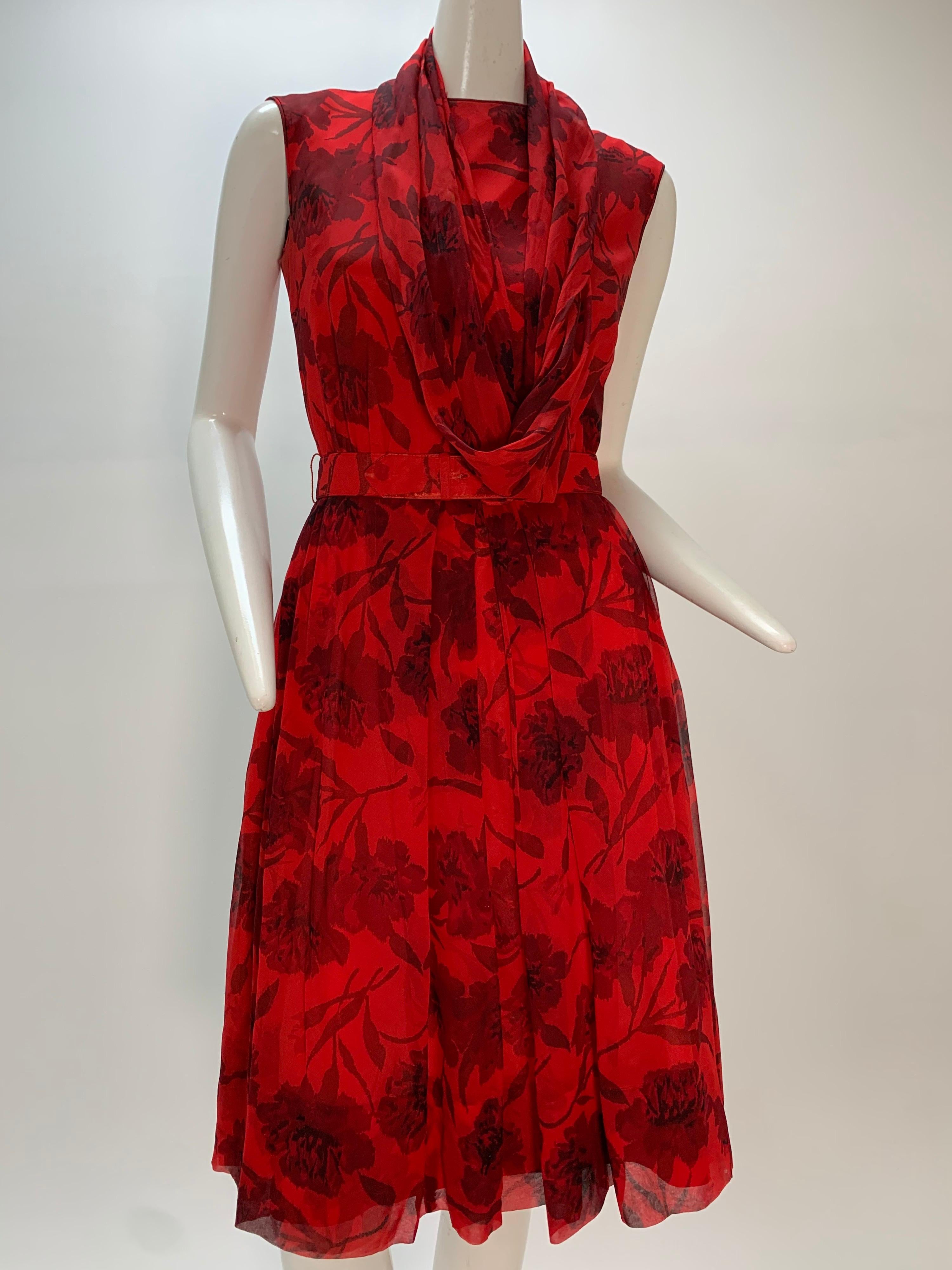 1960s Nelly Don Red Carnation Print Chiffon Sleeveless Cocktail Dress 3