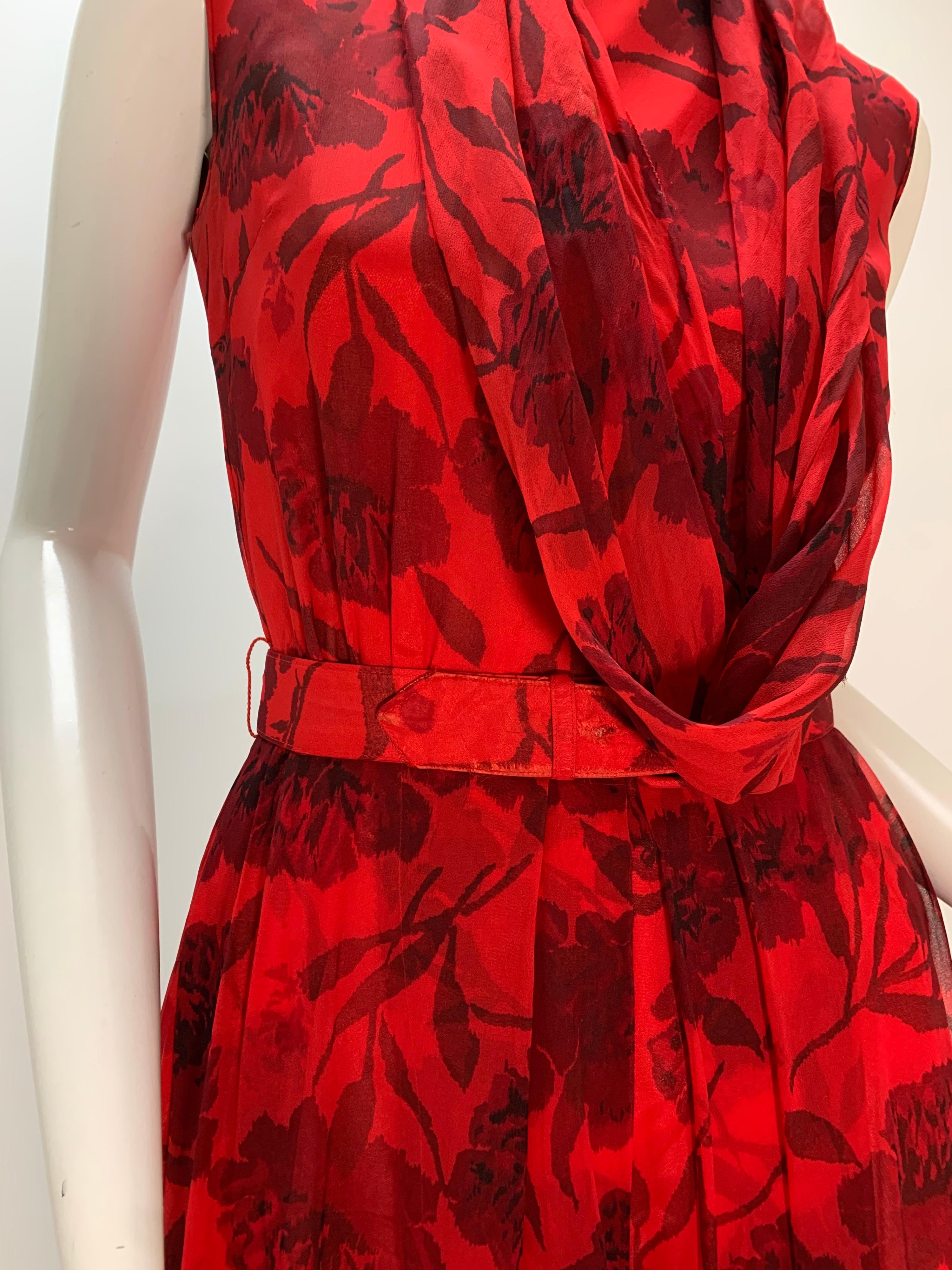 1960s Nelly Don Red Carnation Print Chiffon Sleeveless Cocktail Dress 4