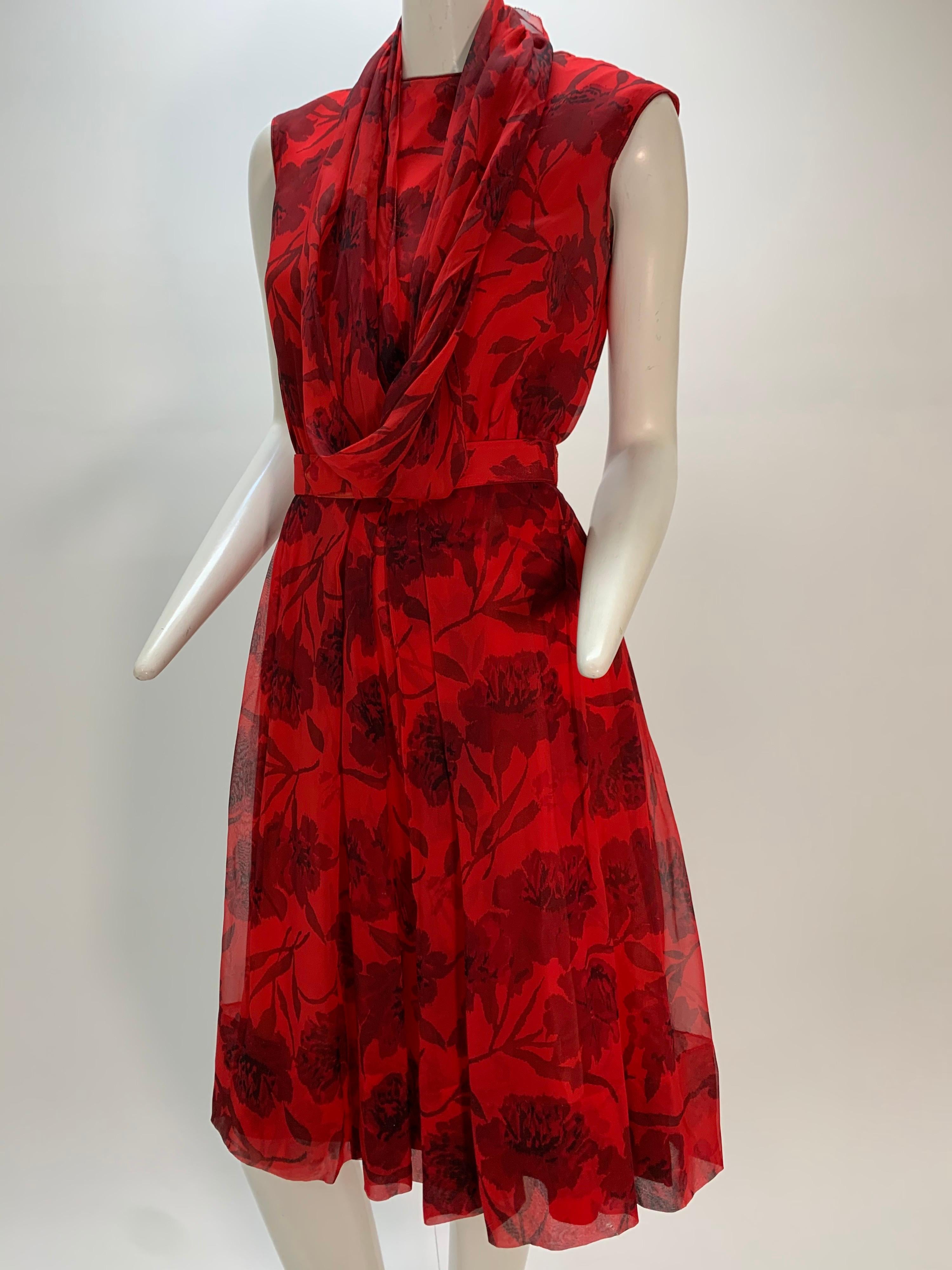 1960s Nelly Don Red Carnation Print Chiffon Sleeveless Cocktail Dress In Good Condition In Gresham, OR
