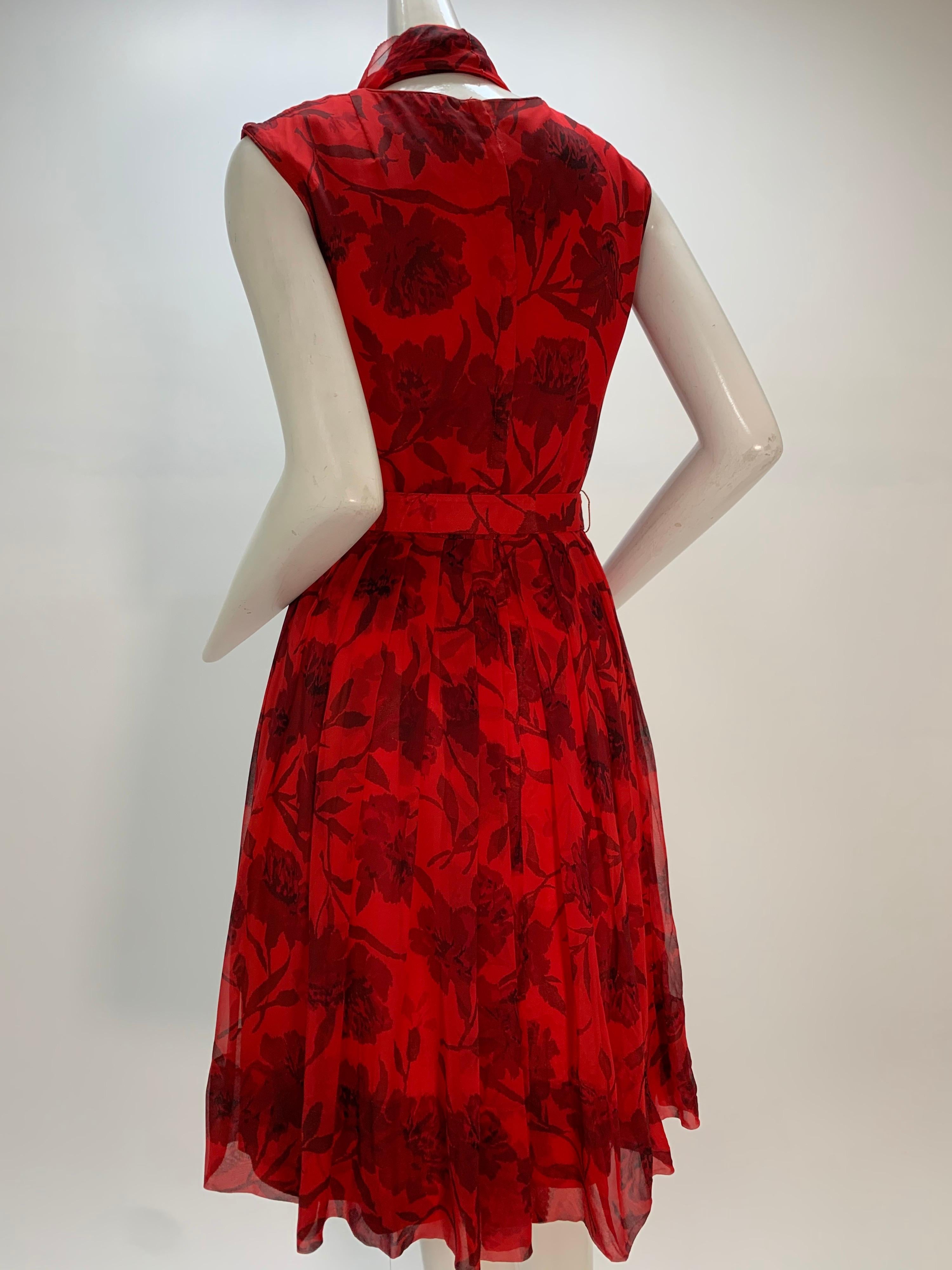 Women's 1960s Nelly Don Red Carnation Print Chiffon Sleeveless Cocktail Dress