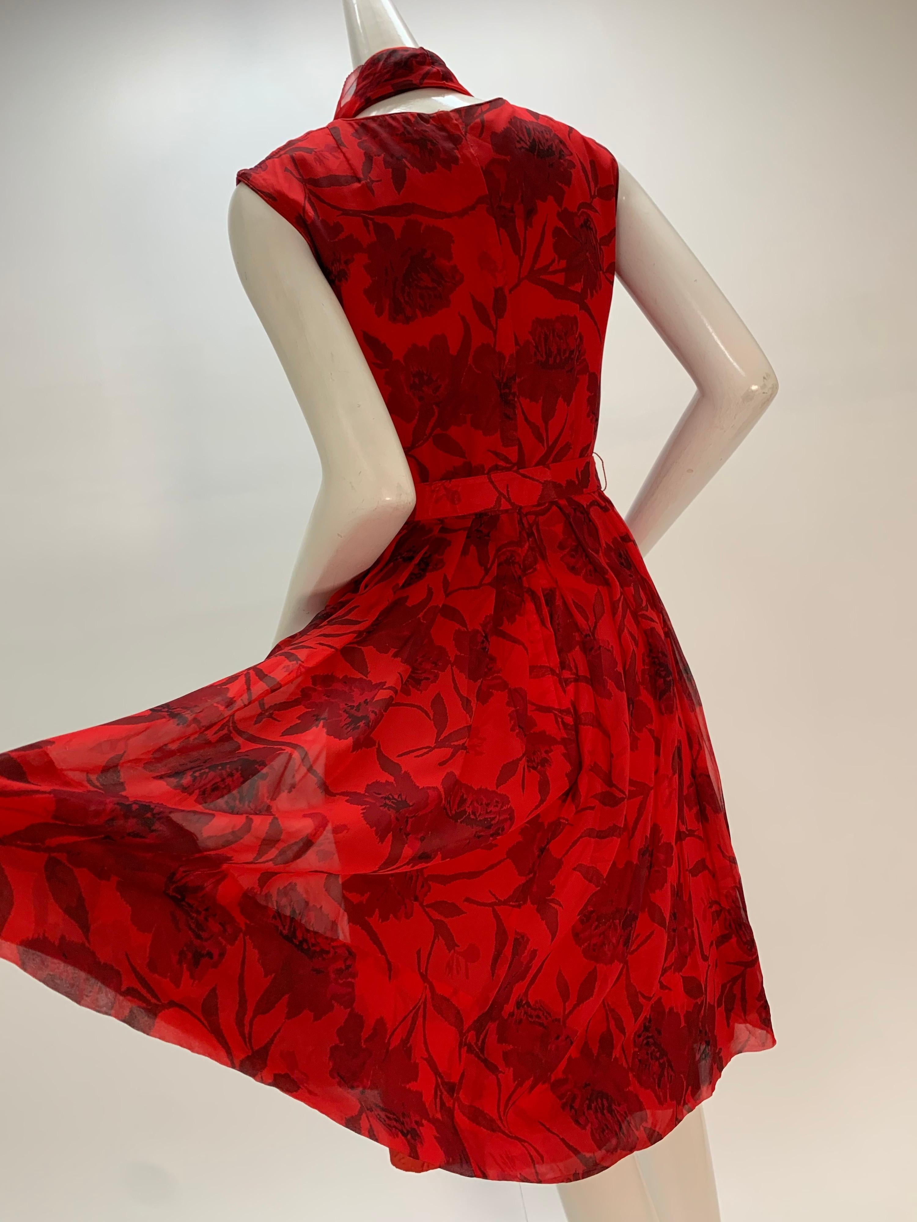 1960s Nelly Don Red Carnation Print Chiffon Sleeveless Cocktail Dress 1