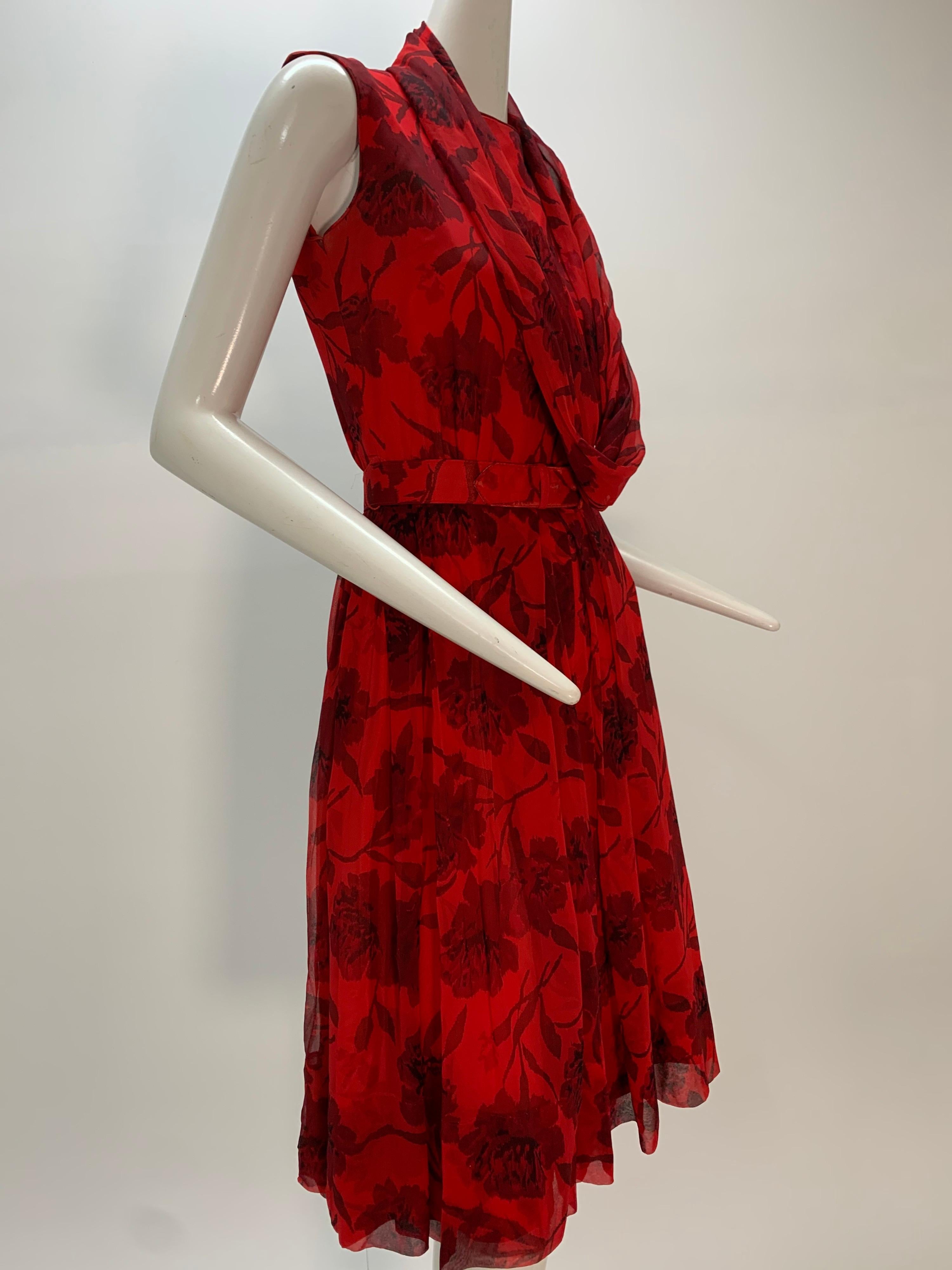 1960s Nelly Don Red Carnation Print Chiffon Sleeveless Cocktail Dress 2