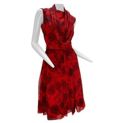 1960s Nelly Don Red Carnation Print Chiffon Sleeveless Cocktail Dress