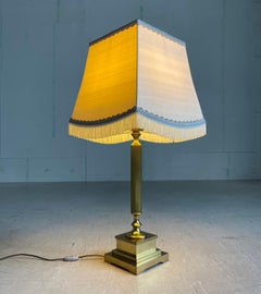1960's Neo Classical Brass Table Lamp & Fringed Fabric Shade - RUEL, Switzerland