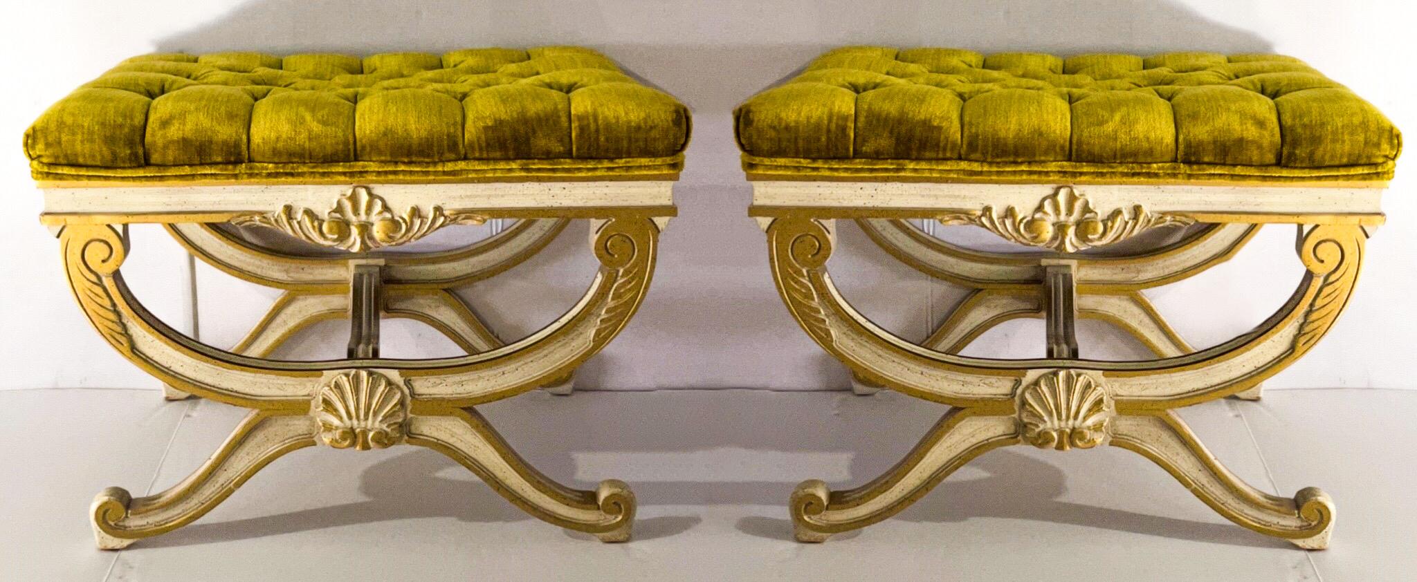 These are awesome. This is a pair of neo-classical style benches or ottomans in tufted citron velvet. They are unmarked, and the velvet is original.