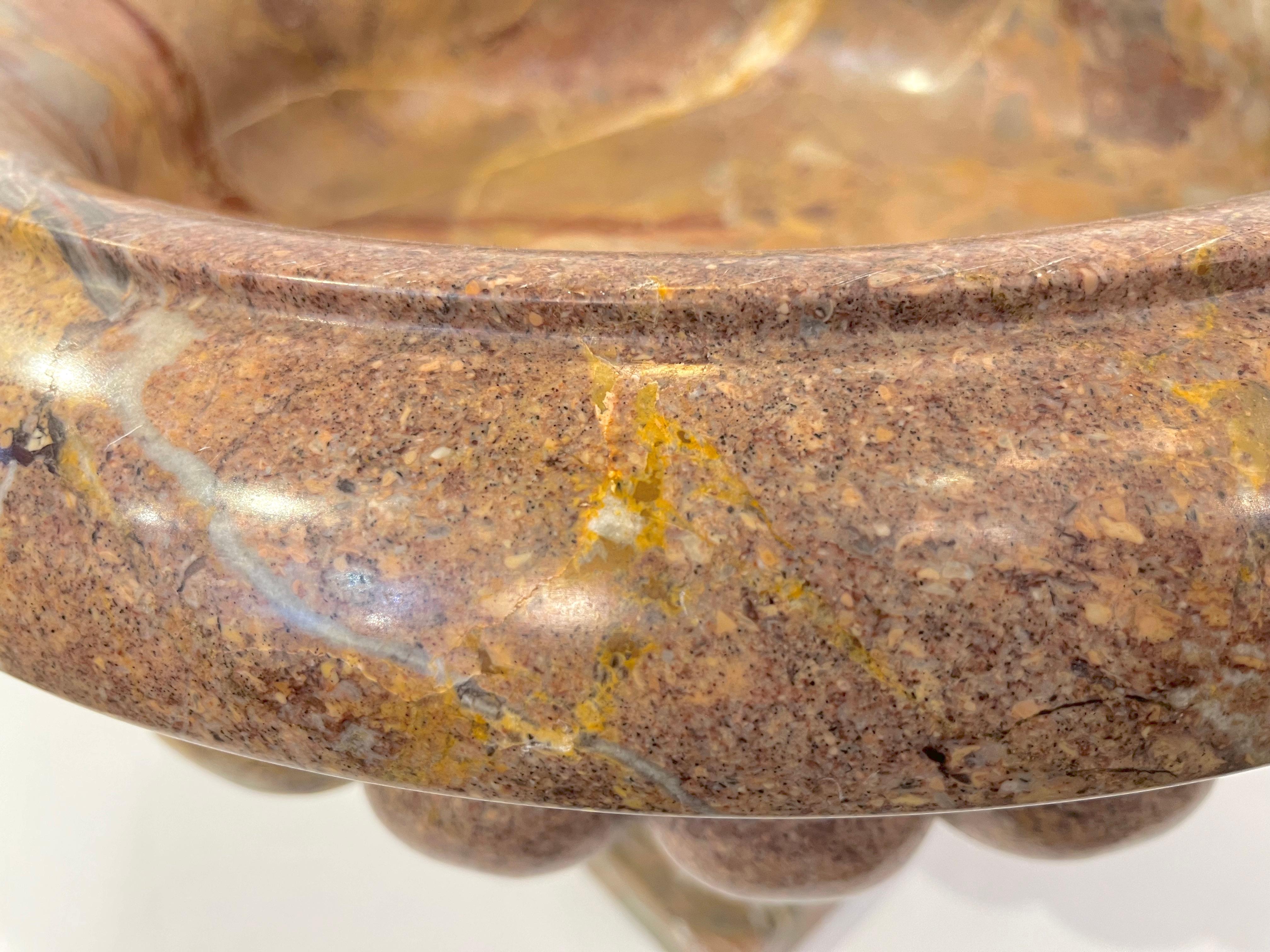 1960 Neoclassical Italian Carved Pink Red Marble Big Tazza Bowl with White Veins In Good Condition For Sale In New York, NY