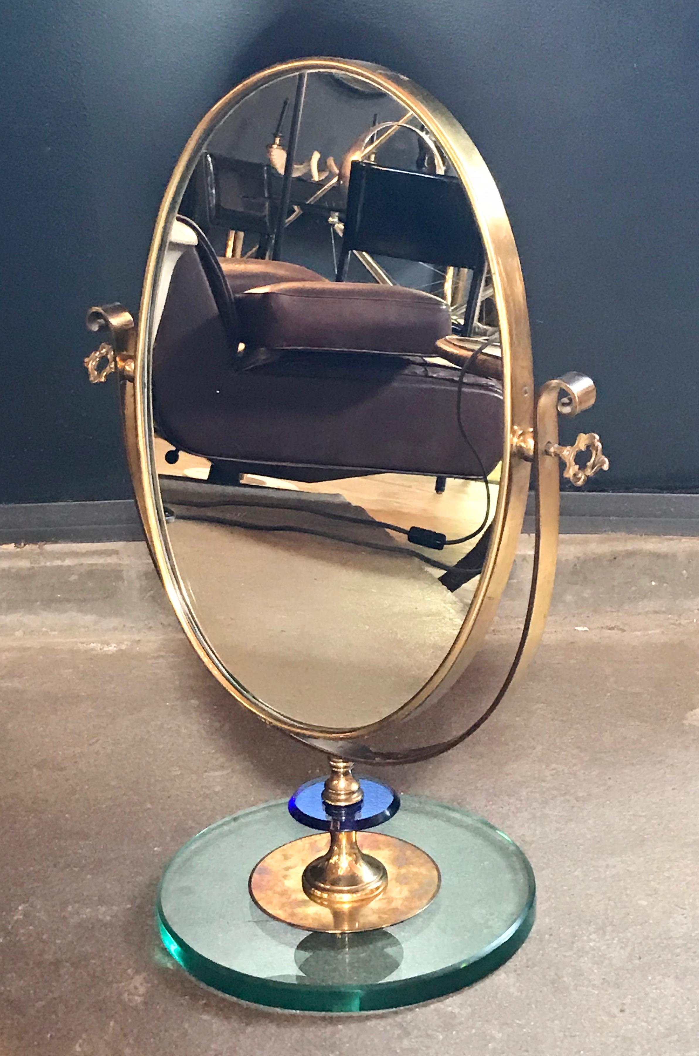 1960s neoclassical Italian midcentury brass Italy table vanity mirror.
Polished brass and art glass
Great manufacture.
 