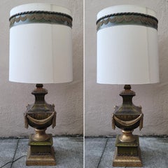 1960s Neoclassical Style Olive Green and Gold Porcelain Urn Lamp