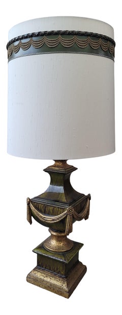Retro 1960s Neoclassical Style Olive Green and Gold Porcelain Urn Lamp