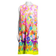Vintage 1960S Neon Cotton Barkcloth Psychedelic Rainforest Print Shift Dress