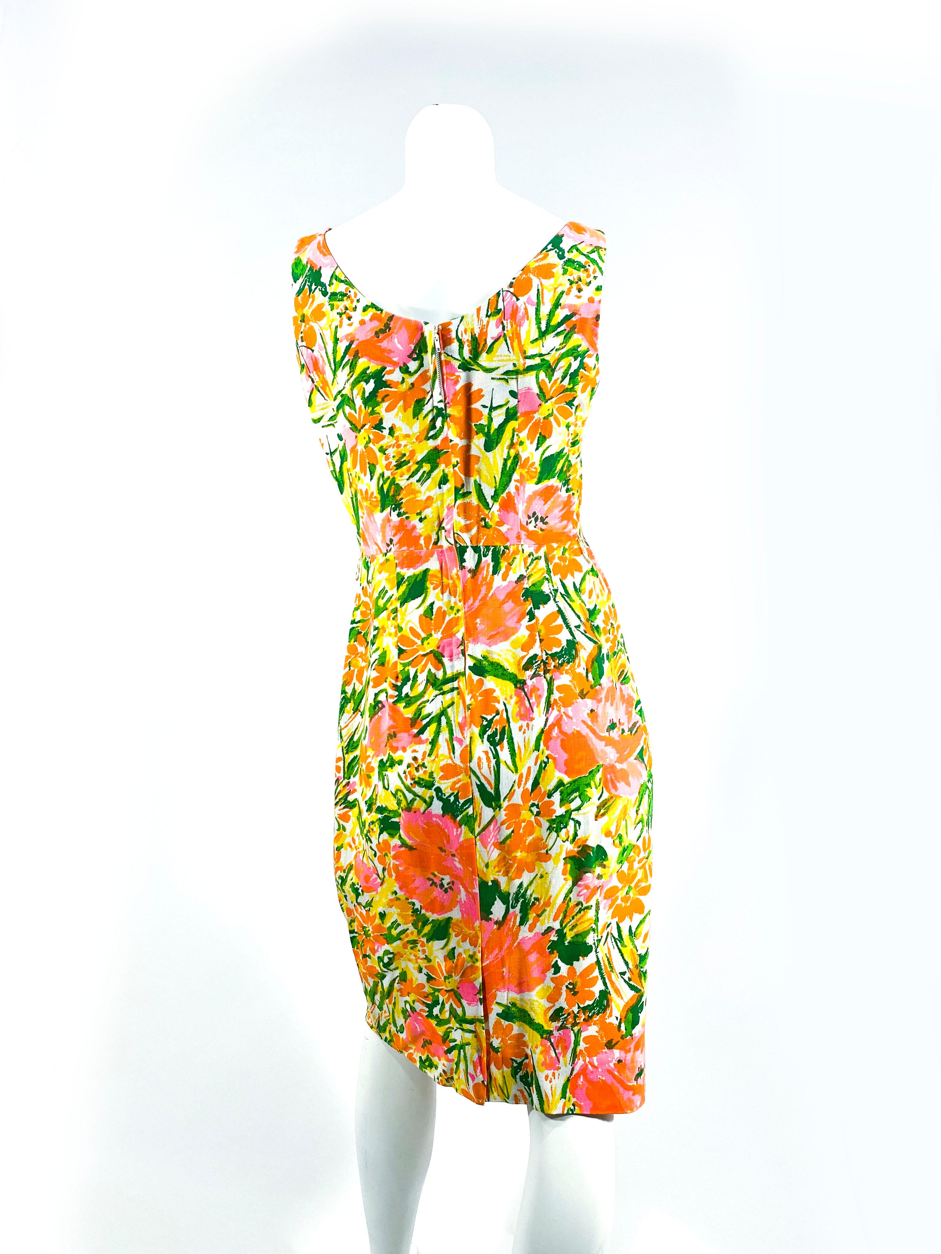 Orange 1960s Neon Floral Printed Cotton Day Dress For Sale