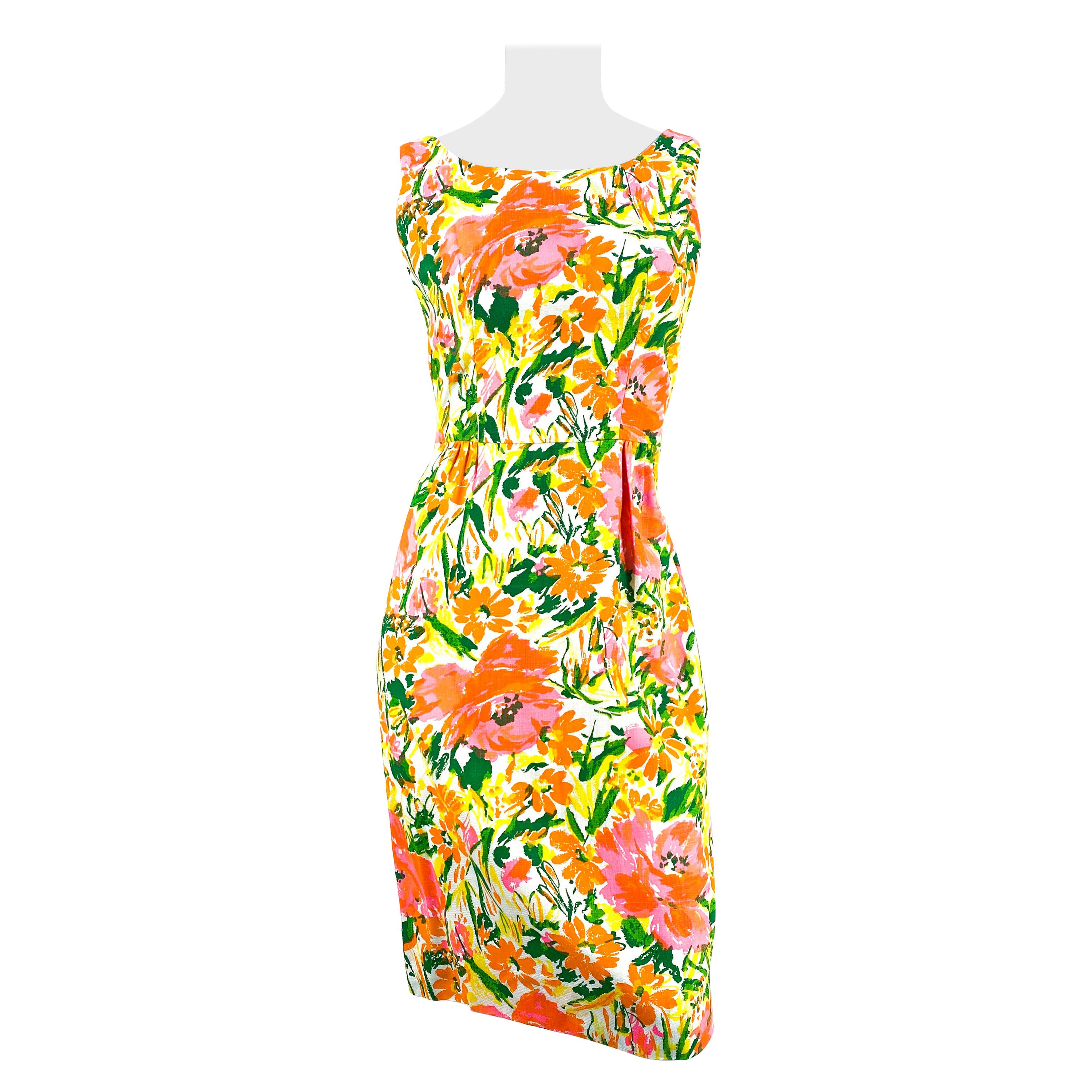 1960s Neon Floral Printed Cotton Day Dress For Sale