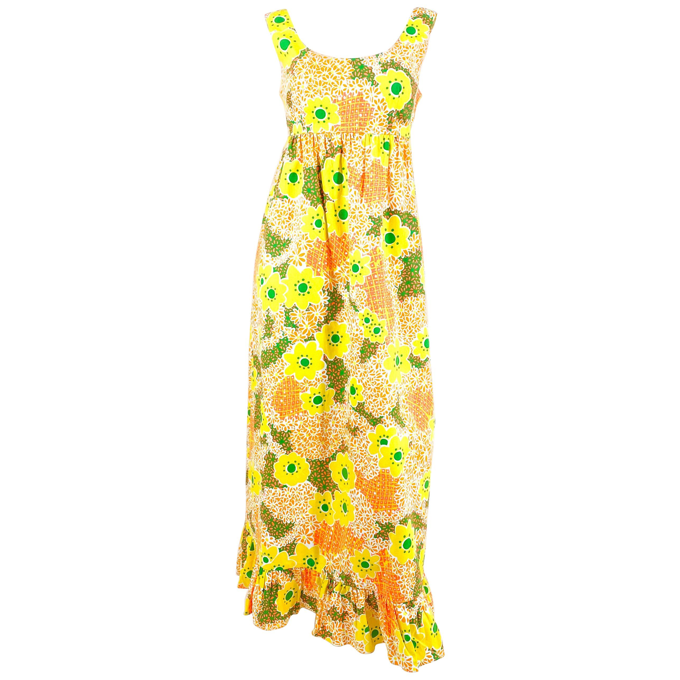 1960s Neon Hawaiian Printed Empire Dress