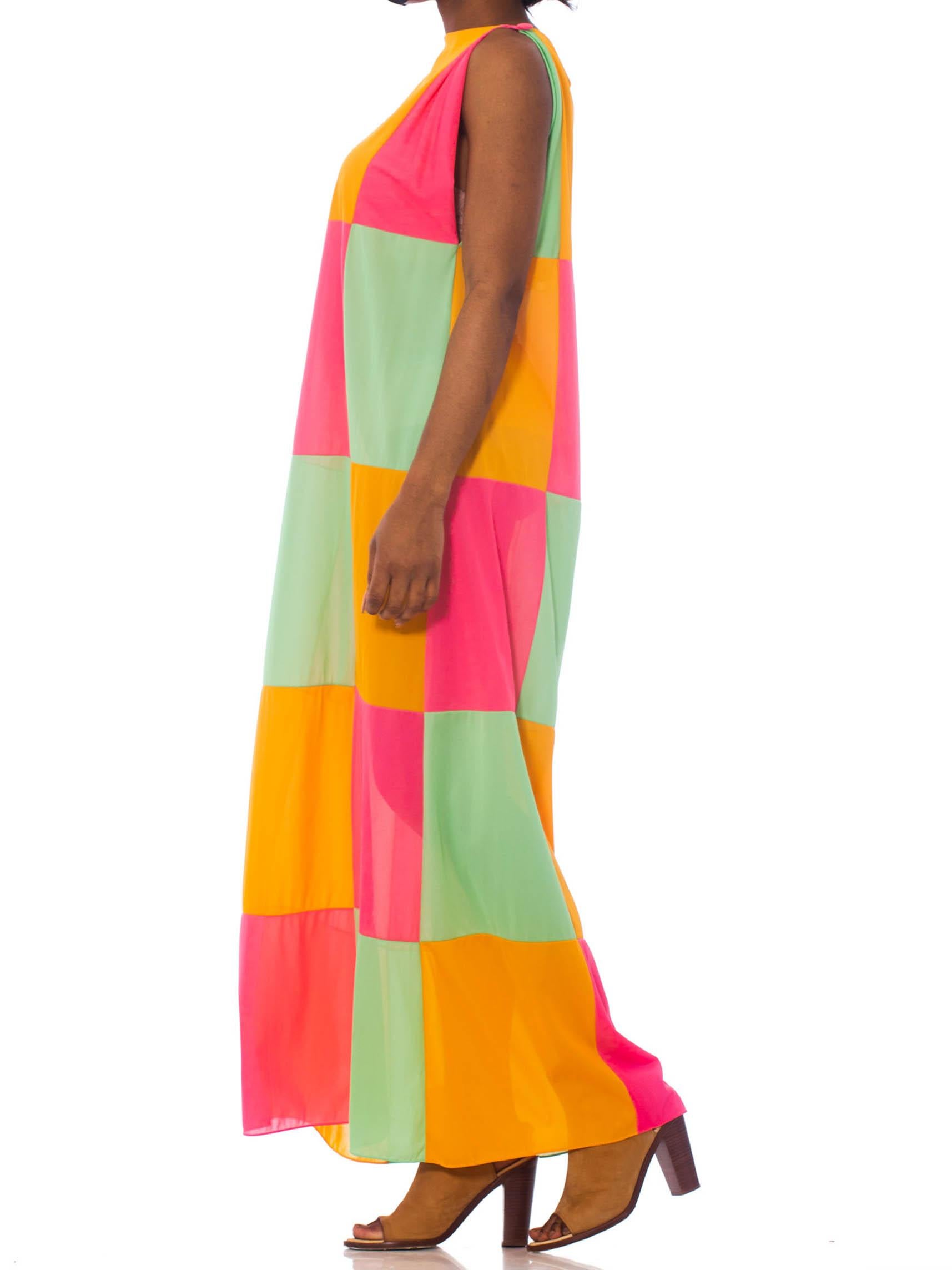 1960S Neon Pastel Colorblock Nylon Jersey Lounge Maxi Dress1960S Neon Pastel Col In Excellent Condition In New York, NY