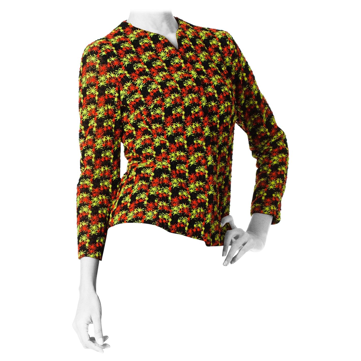 1960S Neon Embroidered Polyester Net Jacket Top