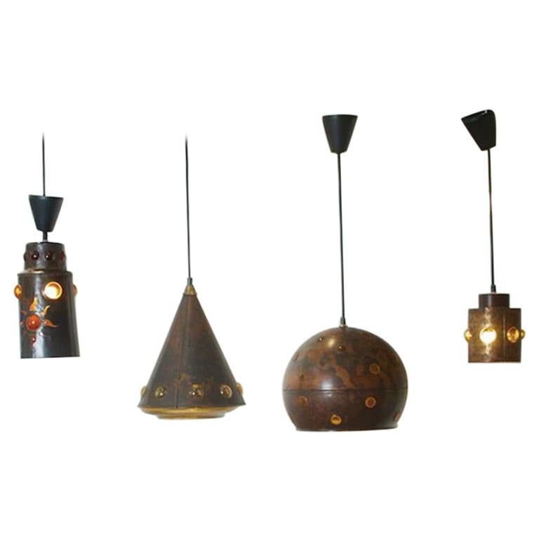 1960s Netherlands Nancy Still for RAAK Set of 4 Brutalist Glass/Copper Pendants 