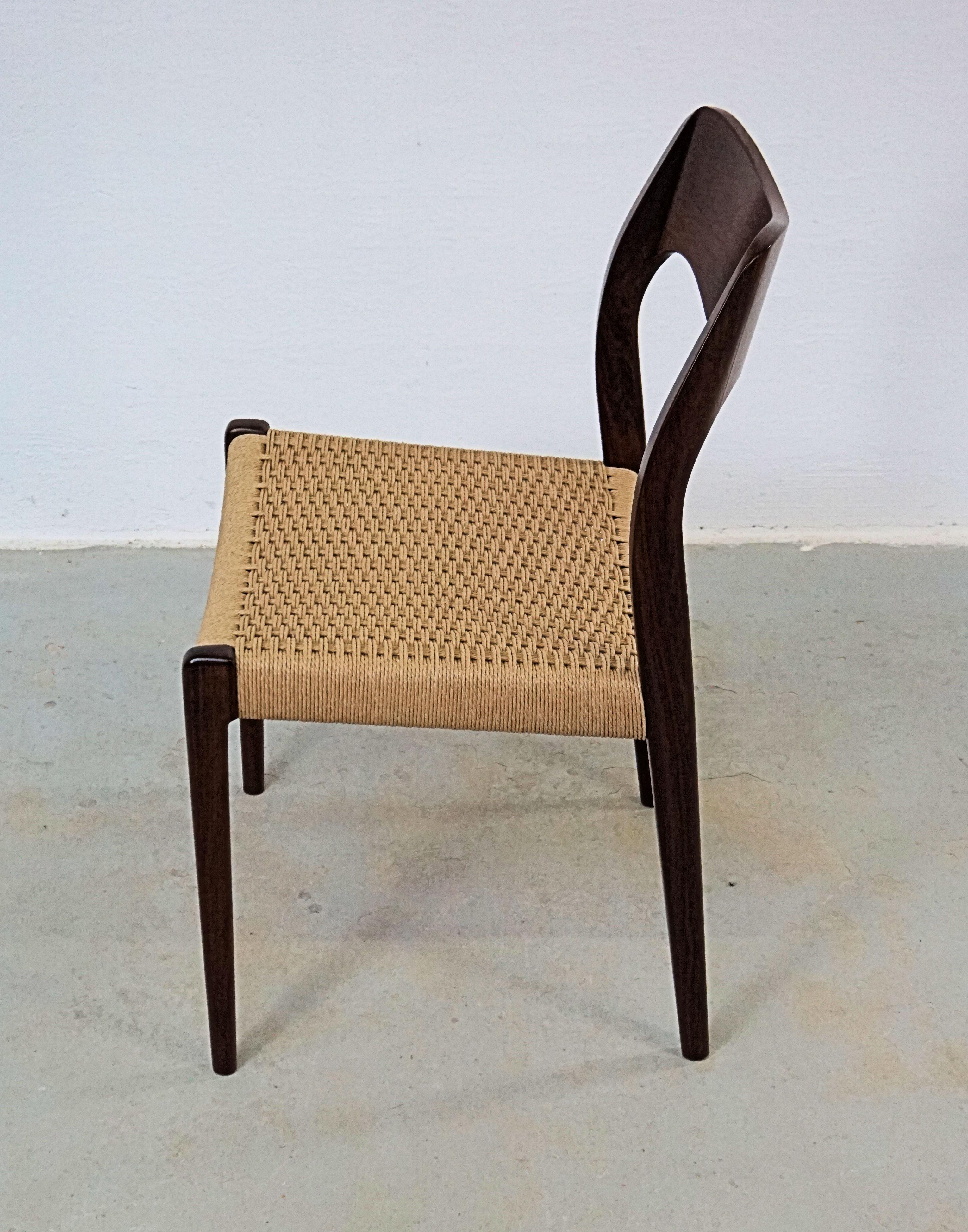1960s Niels Otto Møller Six Rosewood Dining Chairs with New Paper Cord Seats For Sale 4