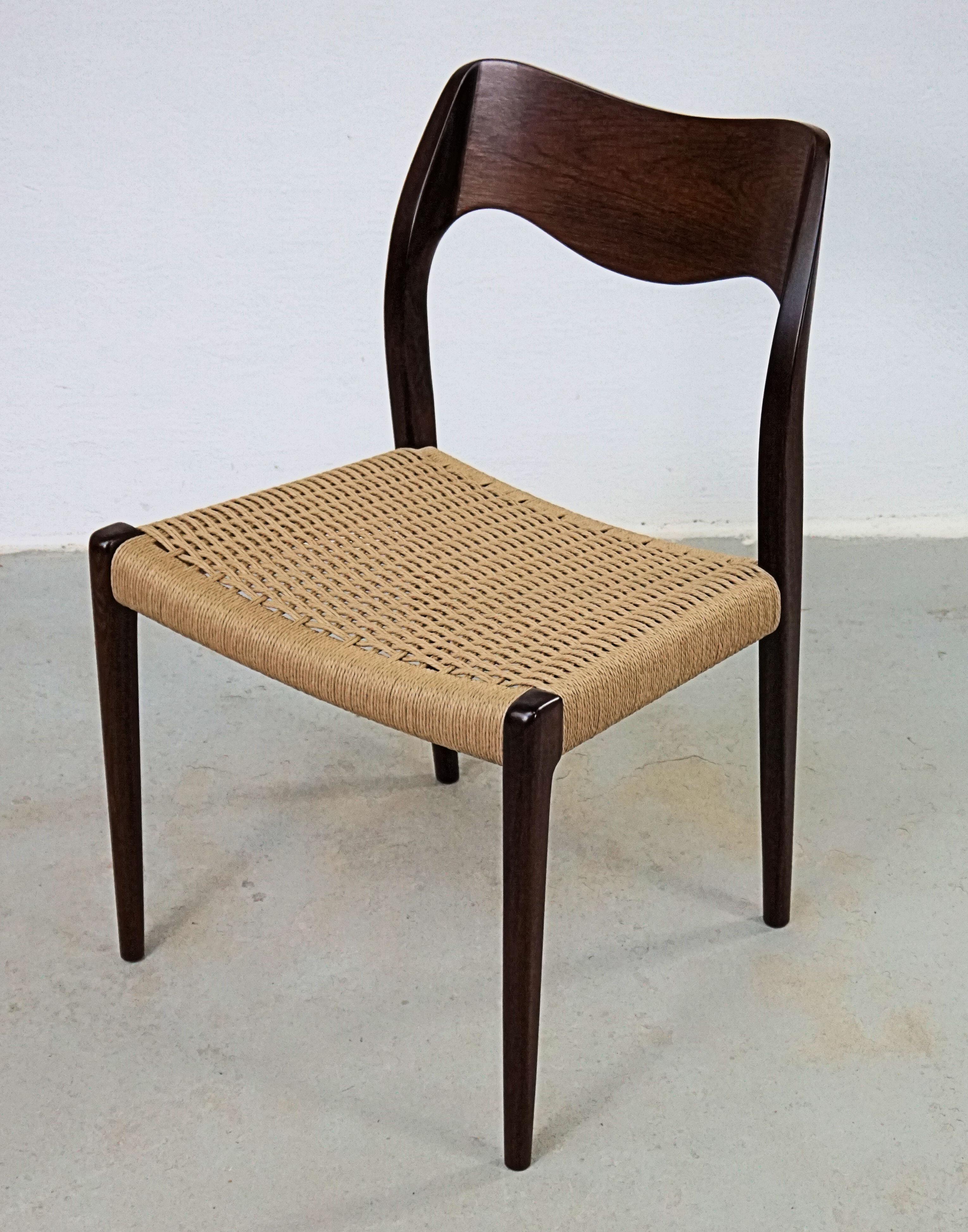 1960s Niels Otto Møller Six Rosewood Dining Chairs with New Paper Cord Seats For Sale 5