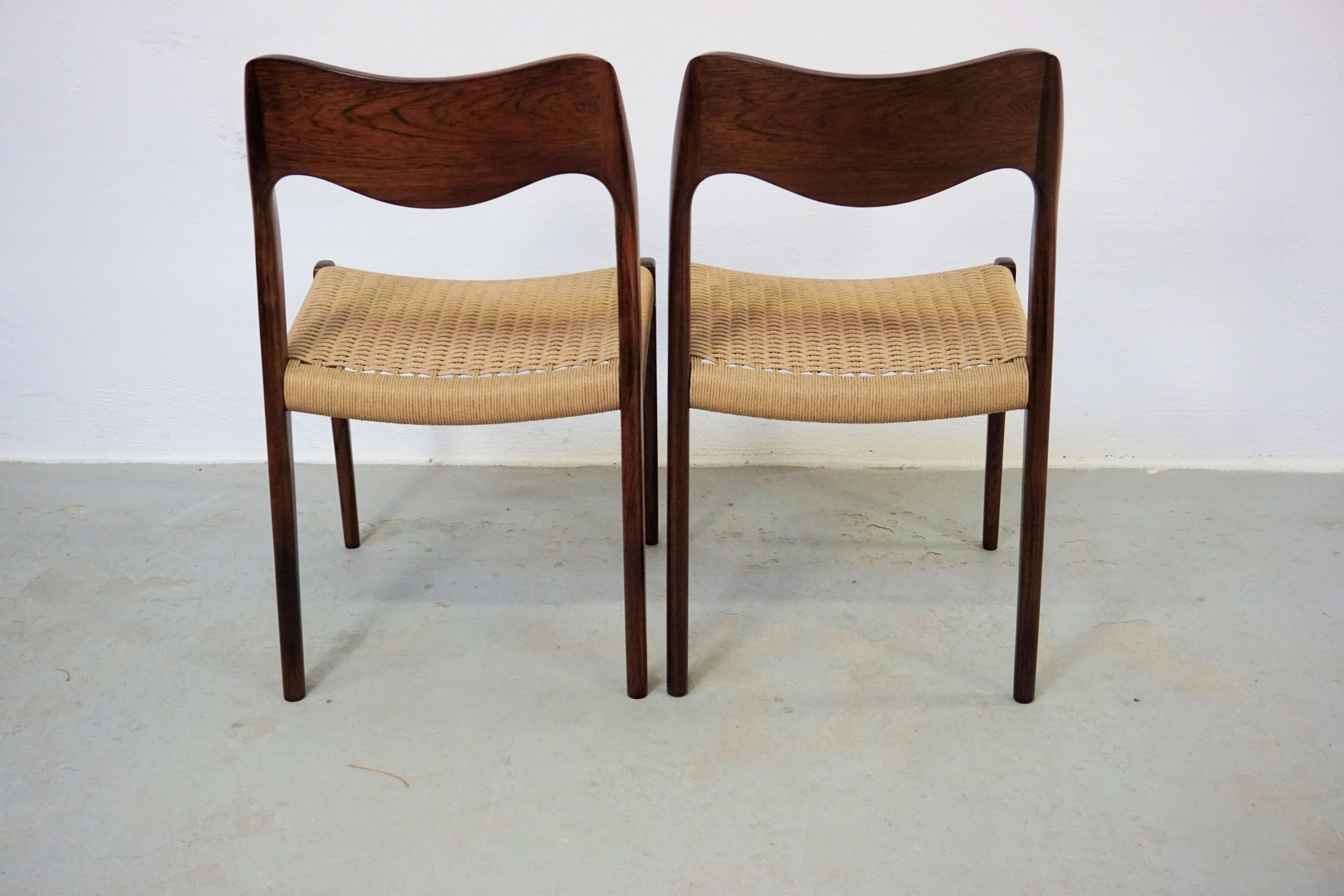 1960s Niels Otto Møller Six Rosewood Dining Chairs with New Paper Cord Seats For Sale 6