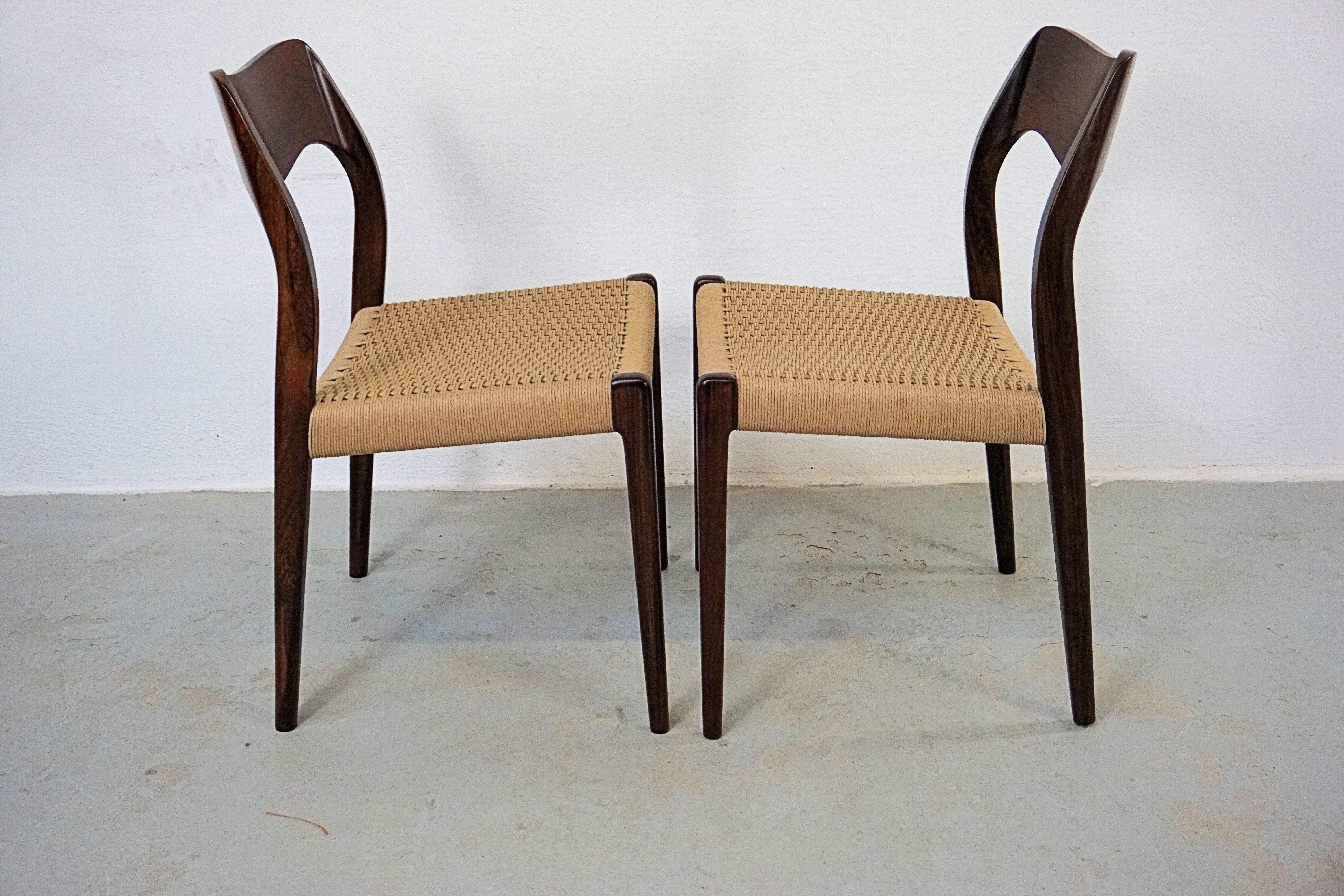1960s Niels Otto Møller Six Rosewood Dining Chairs with New Paper Cord Seats For Sale 7