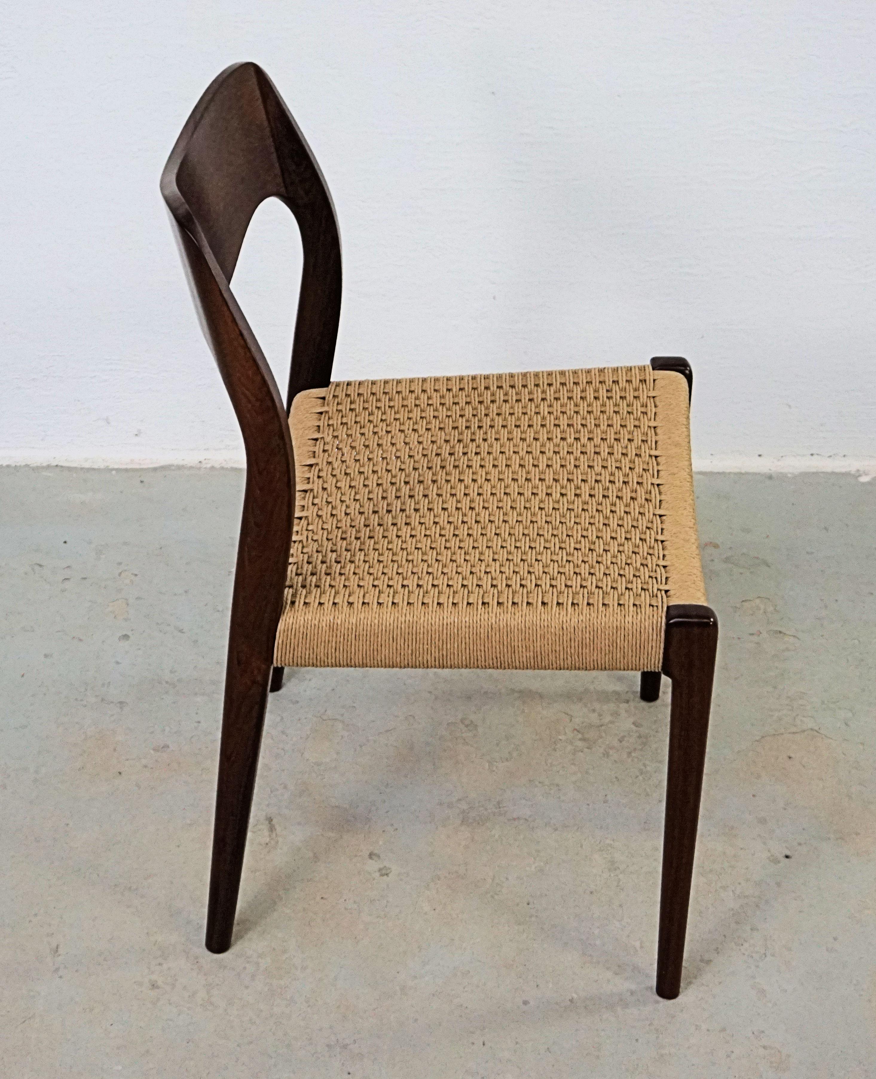 1960s Niels Otto Møller Six Rosewood Dining Chairs with New Paper Cord Seats In Good Condition For Sale In Knebel, DK
