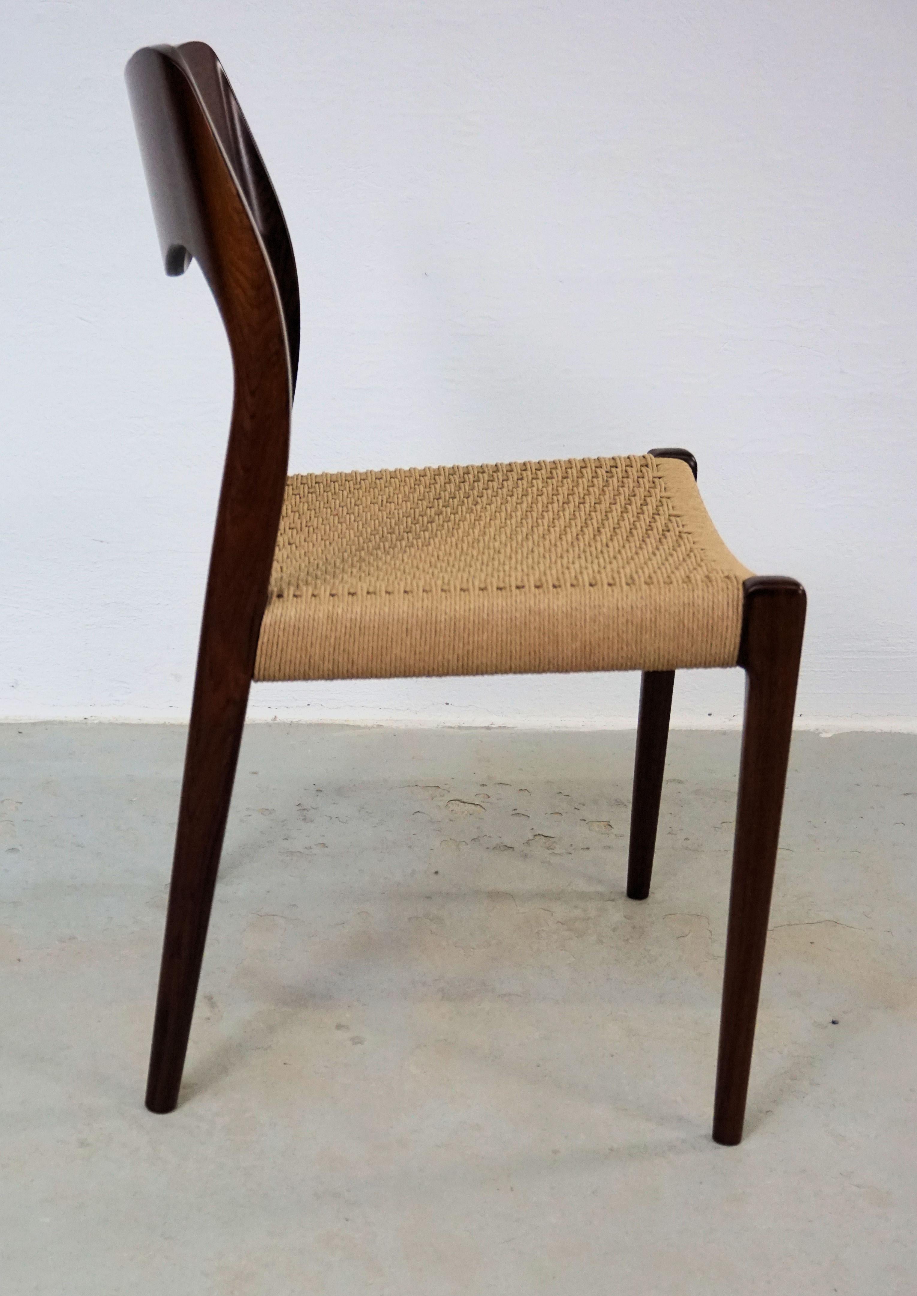 Mid-20th Century 1960s Niels Otto Møller Six Rosewood Dining Chairs with New Paper Cord Seats For Sale