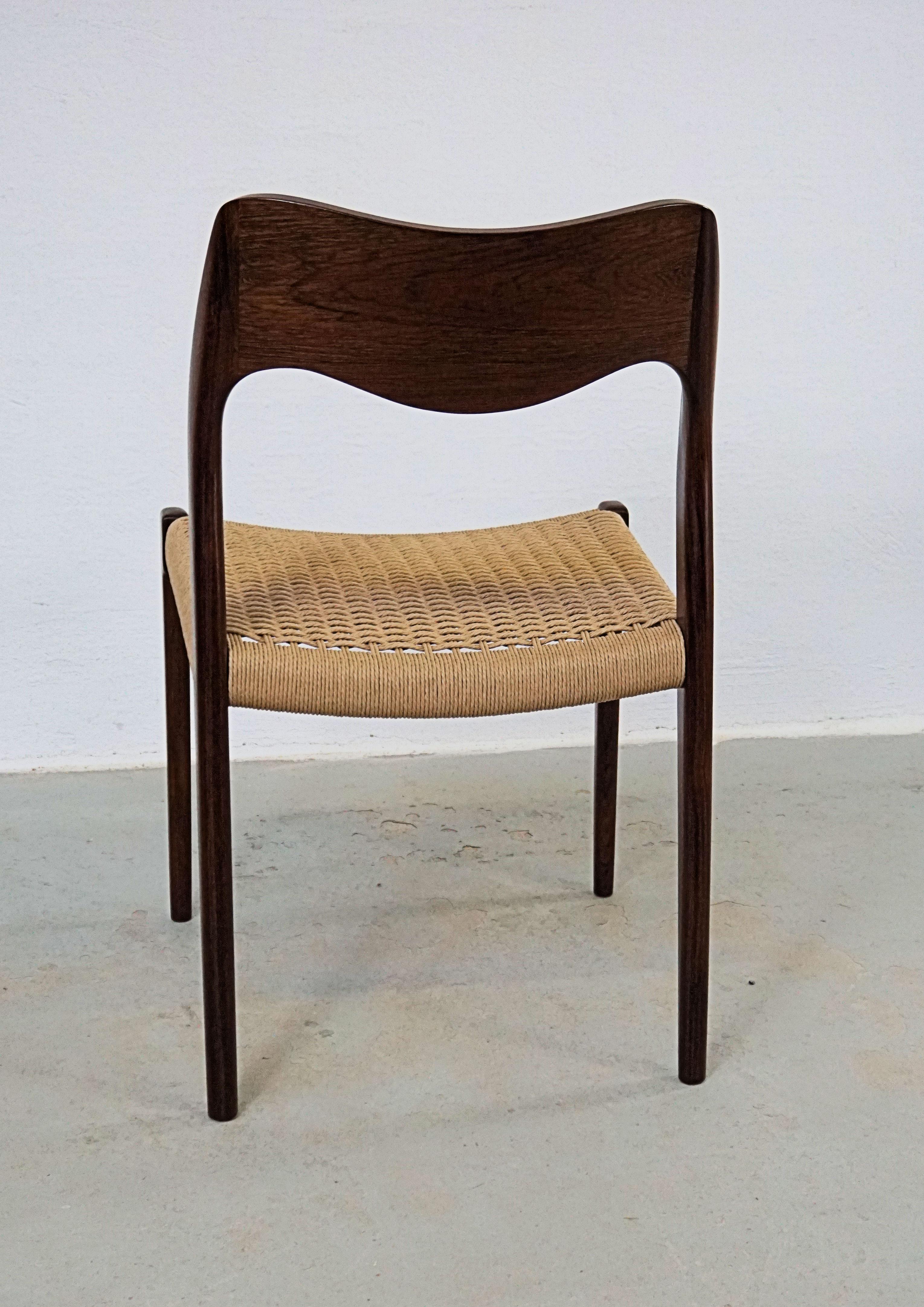 1960s Niels Otto Møller Six Rosewood Dining Chairs with New Paper Cord Seats For Sale 2