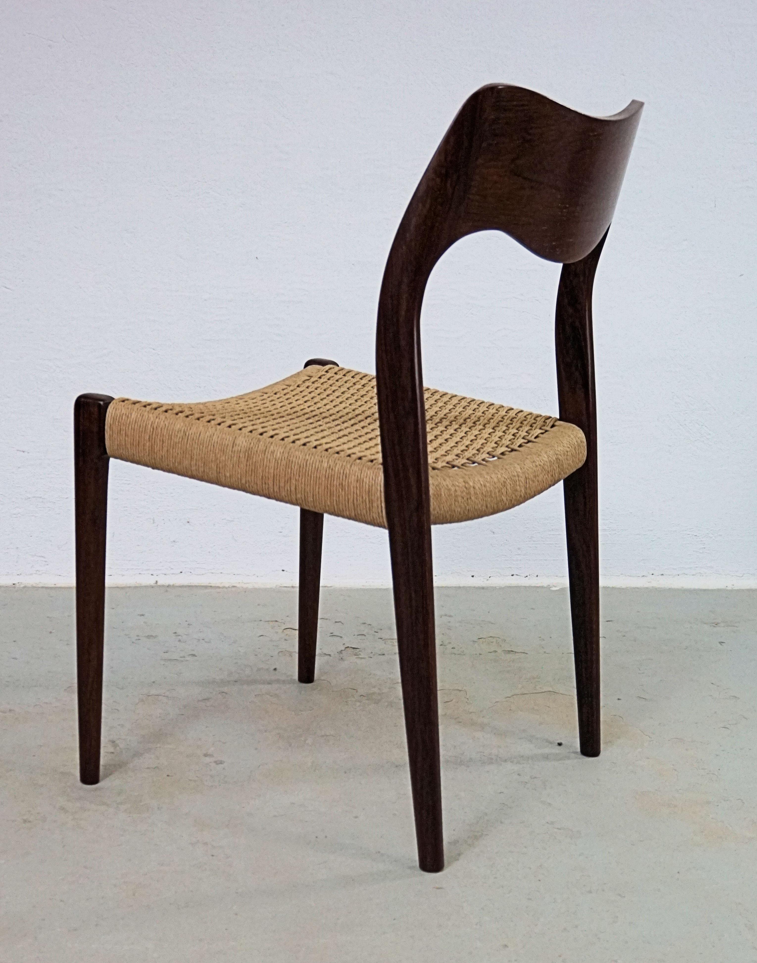 1960s Niels Otto Møller Six Rosewood Dining Chairs with New Paper Cord Seats For Sale 3