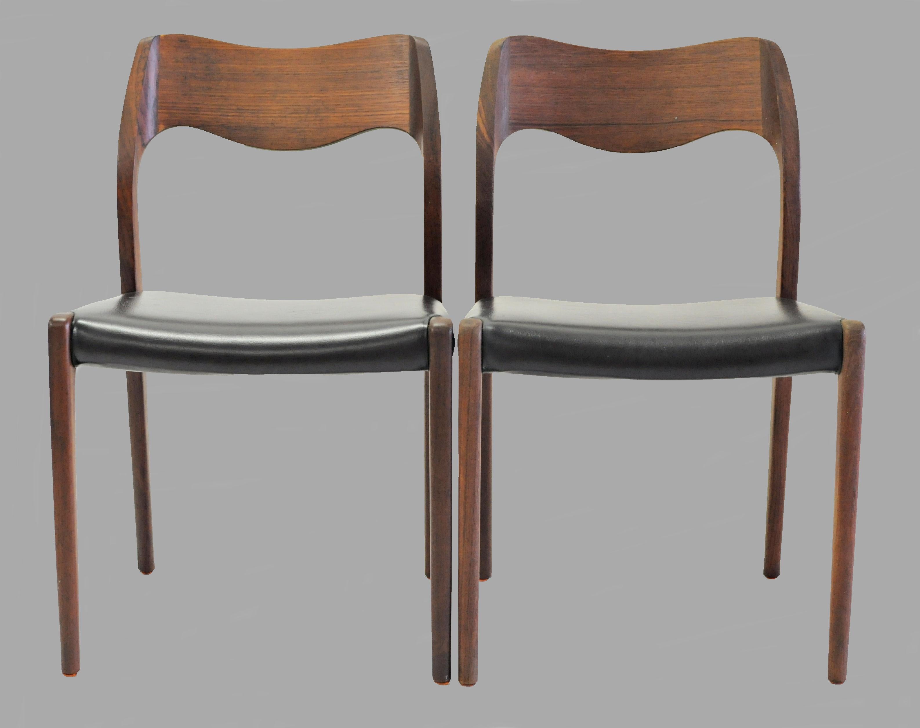 Set of 12 teak dining chairs designed by Niels Otto Møller in 1951.

The chairs feature a solid frame and backrest in teak designed with straight lined legs and an elegant organic shaped backrest with the soft lines and curves that you often see